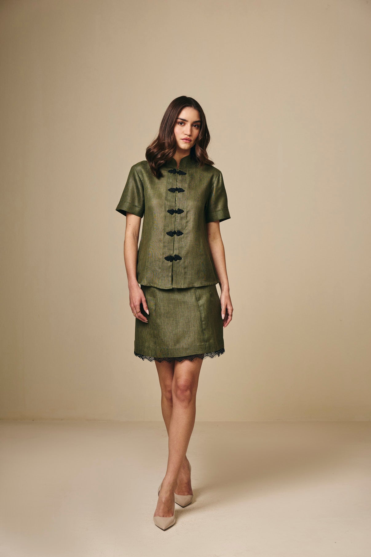 Olive Cotton Linen Mandarin Collar Top with Knot Button Detail