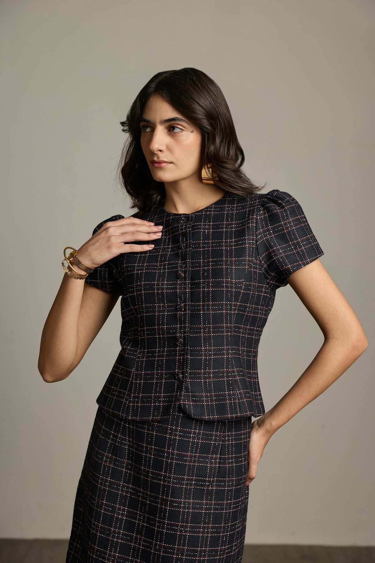 Blue & Black Checked Tweed Puff Sleeve Top