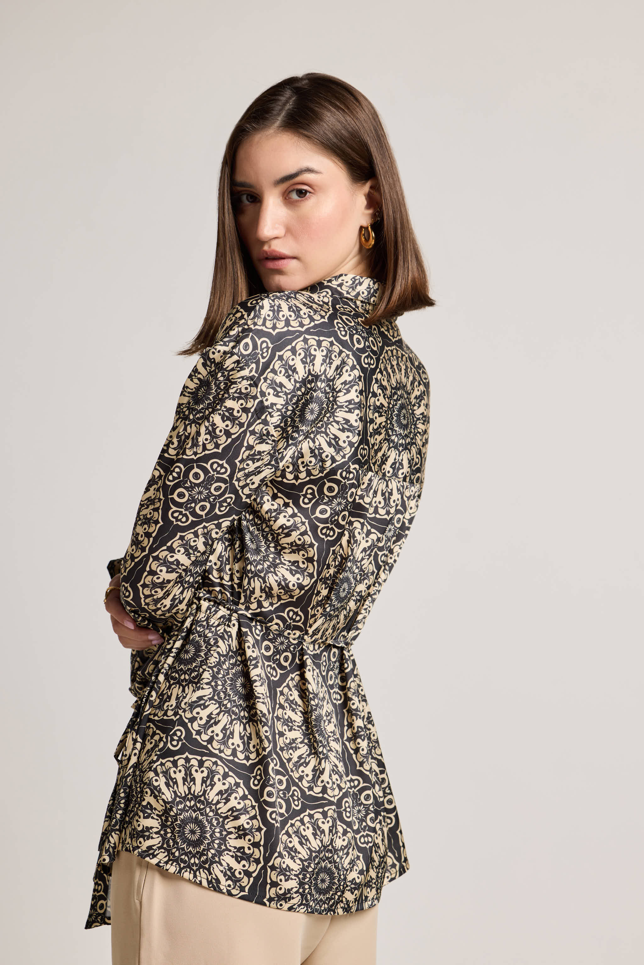 Mandala Black Printed Shirt with Waist Tie