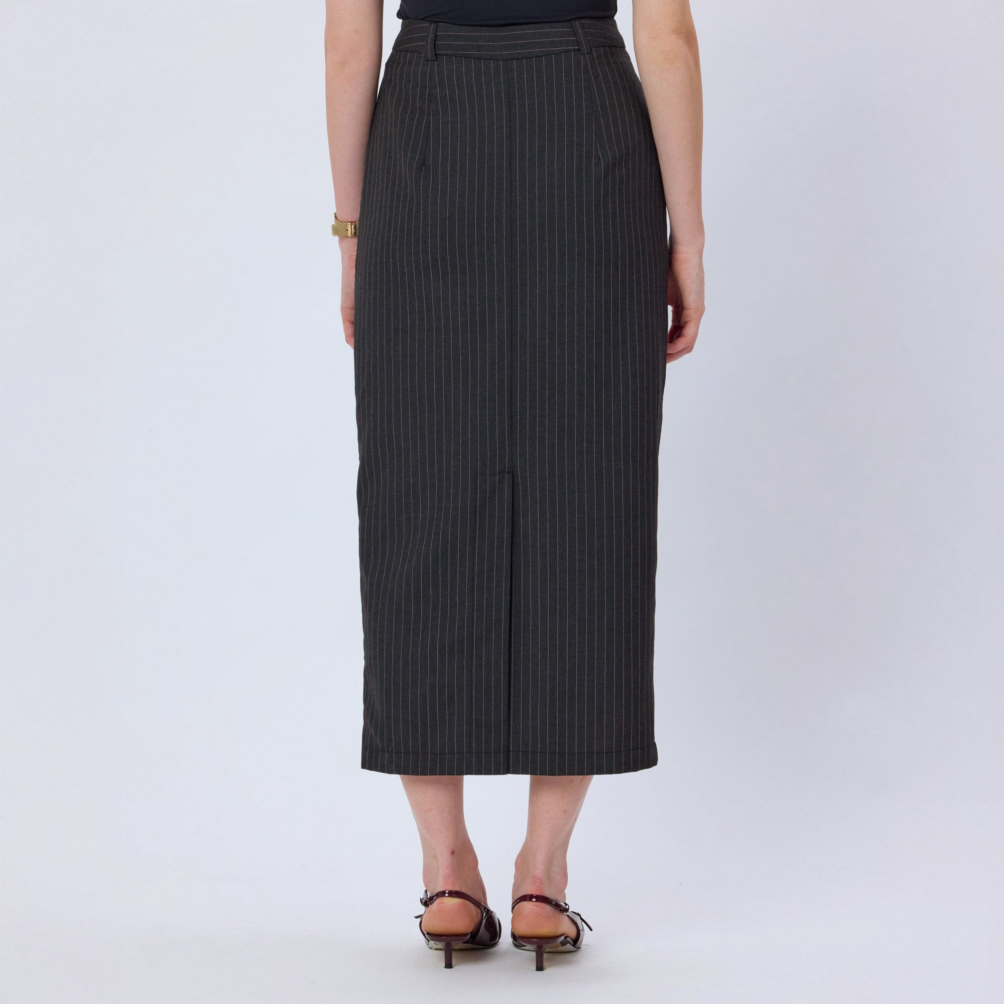 PINK AND GREY PINSTRIPE MIDI SKIRT