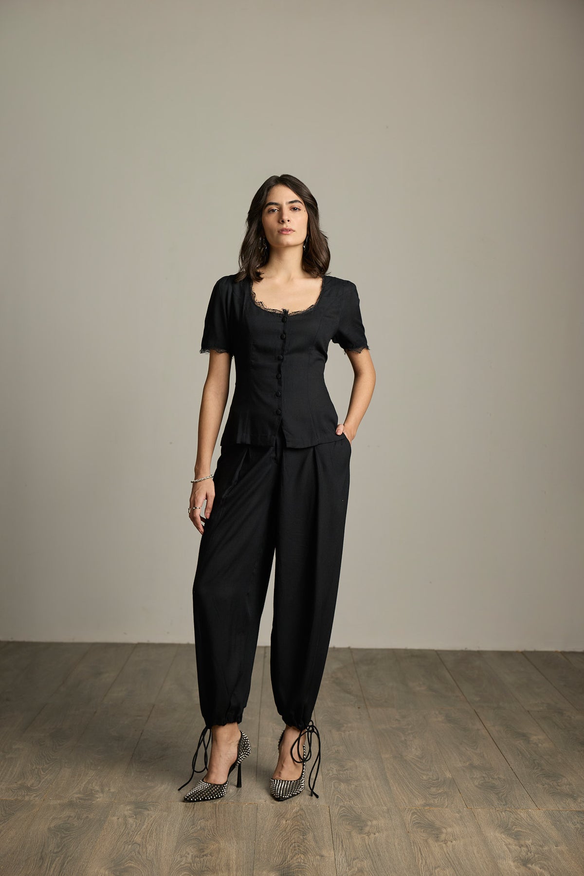 Black Viscose Rayon Drawstring-Hem Barrel-Leg Trousers