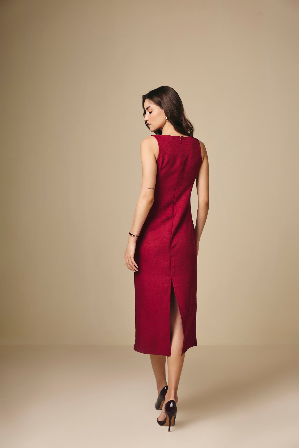 Sunset Maroon Cotton Linen Midi Dress