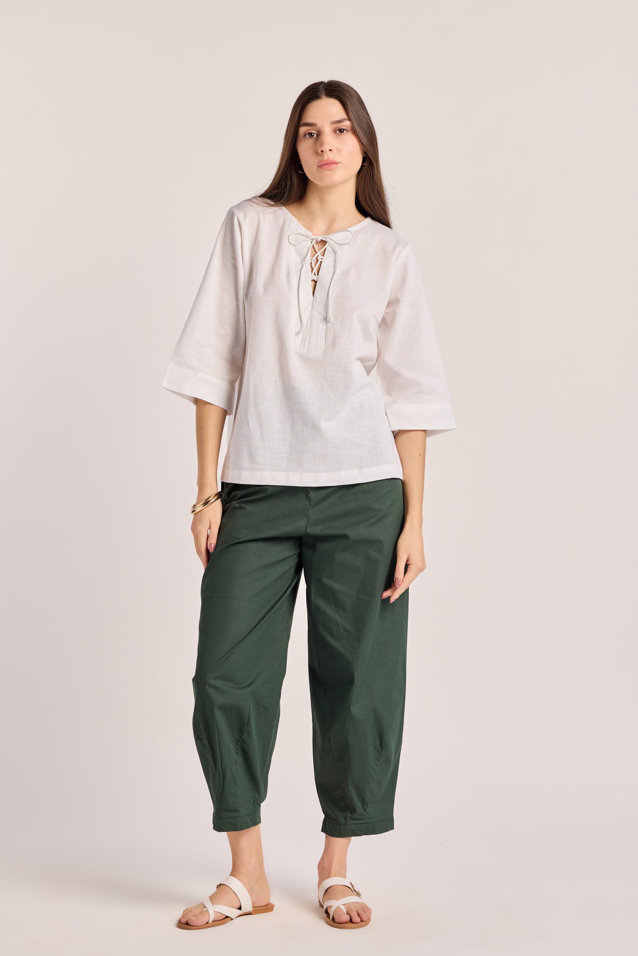 White Cotton Linen Drawstring Top