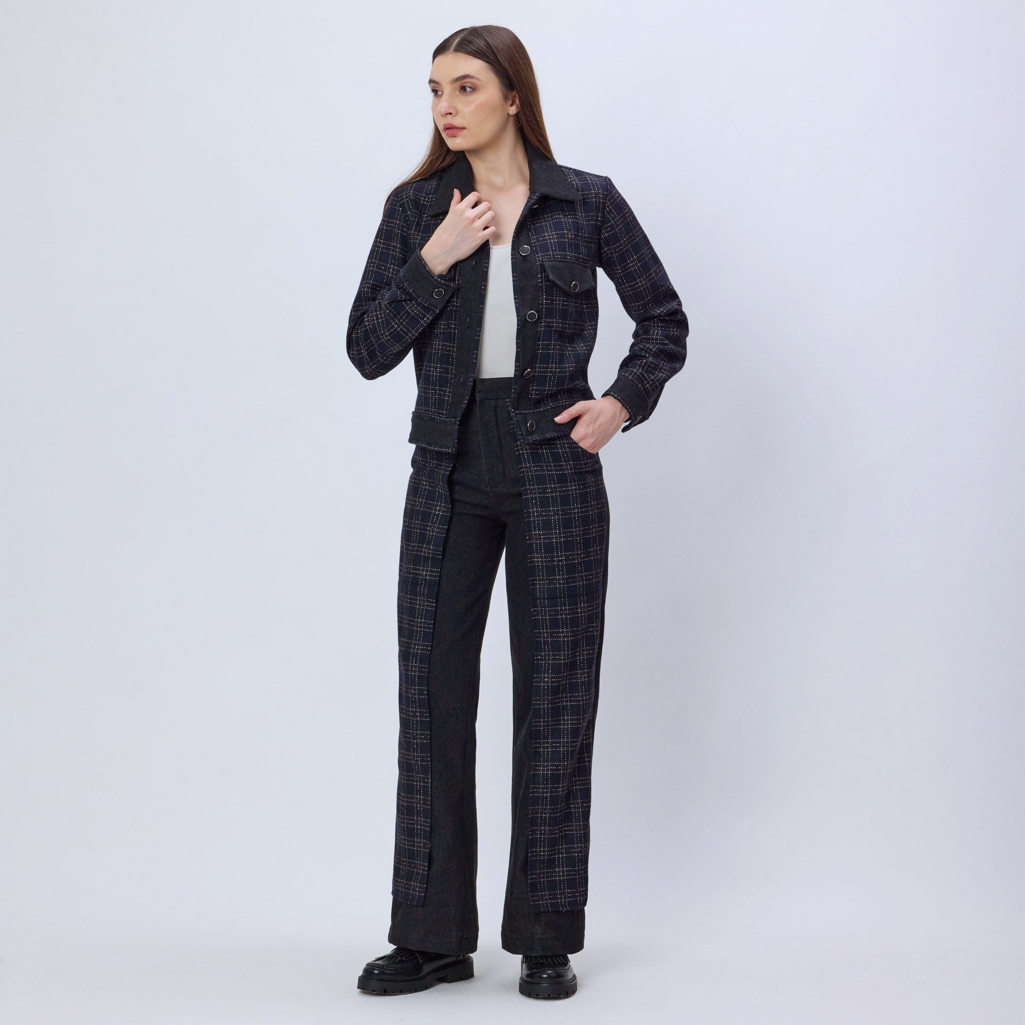 DENIM AND CHECKS TWEED PANTS