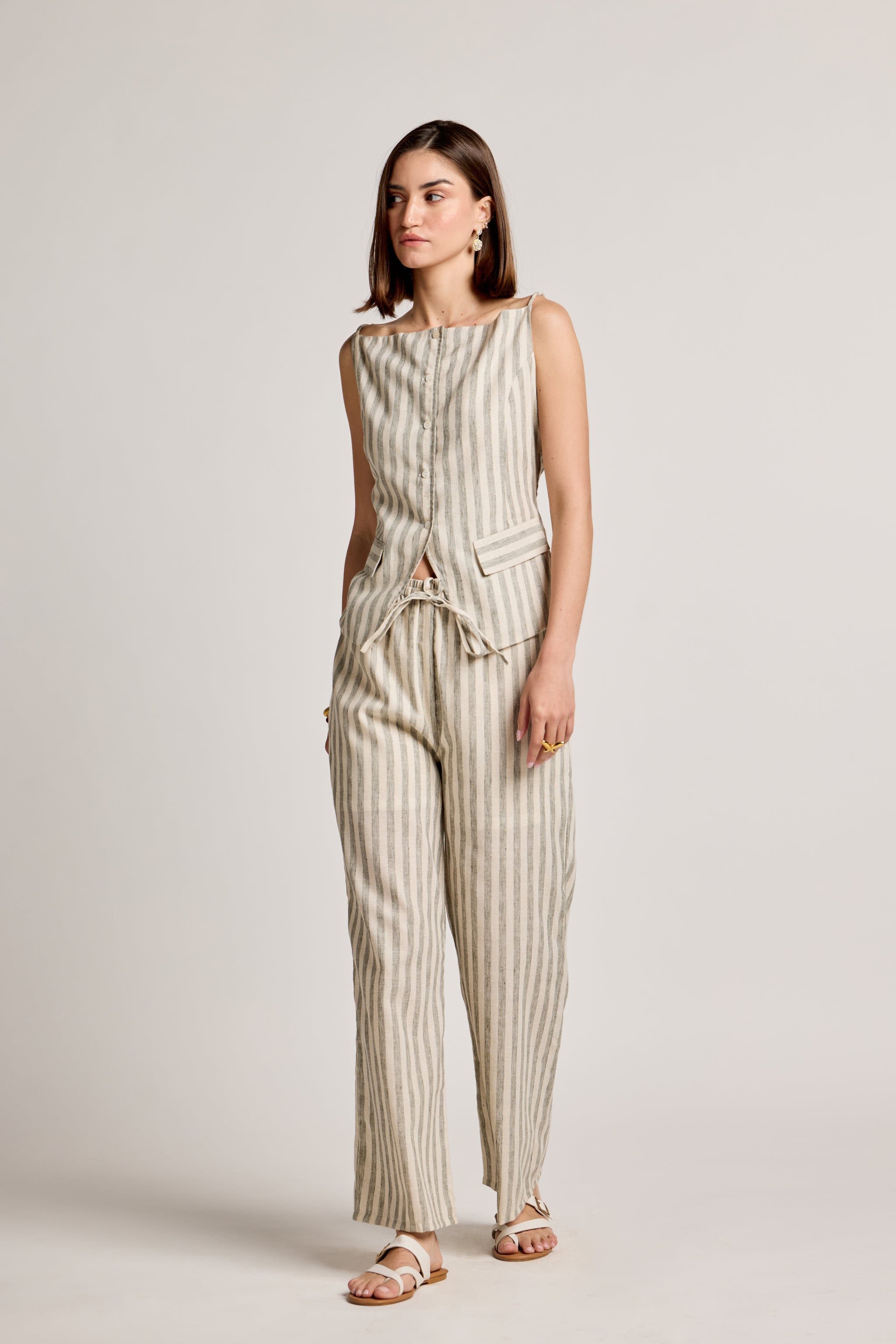 Green and White Striped Linen Waistcoat