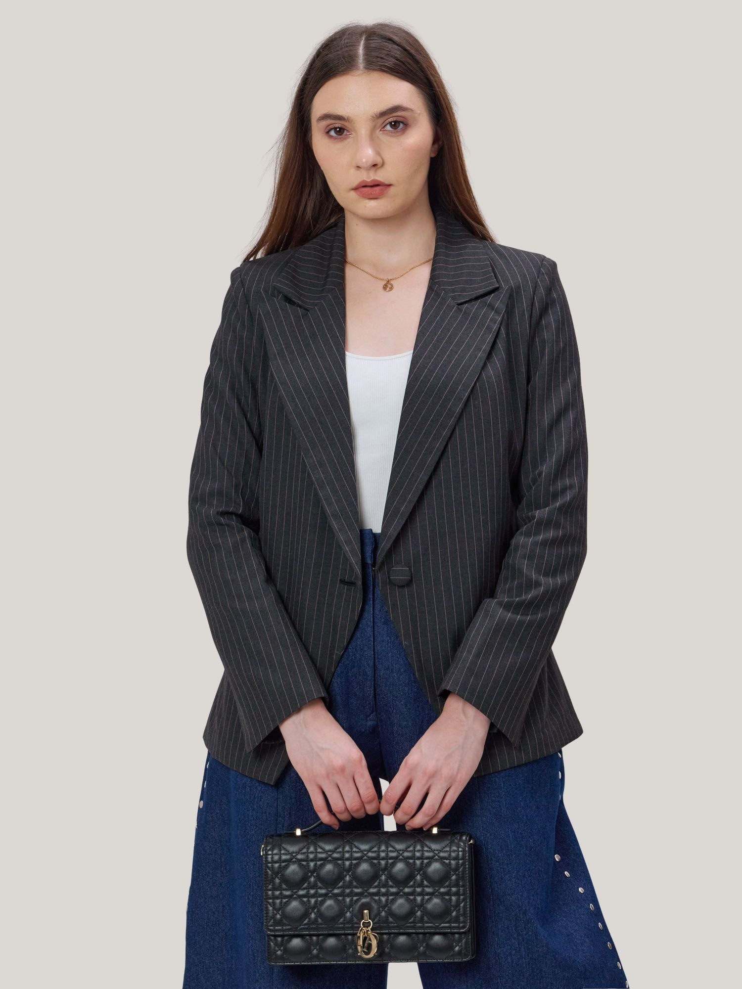 PINK AND GREY PINSTRIPE BLAZER