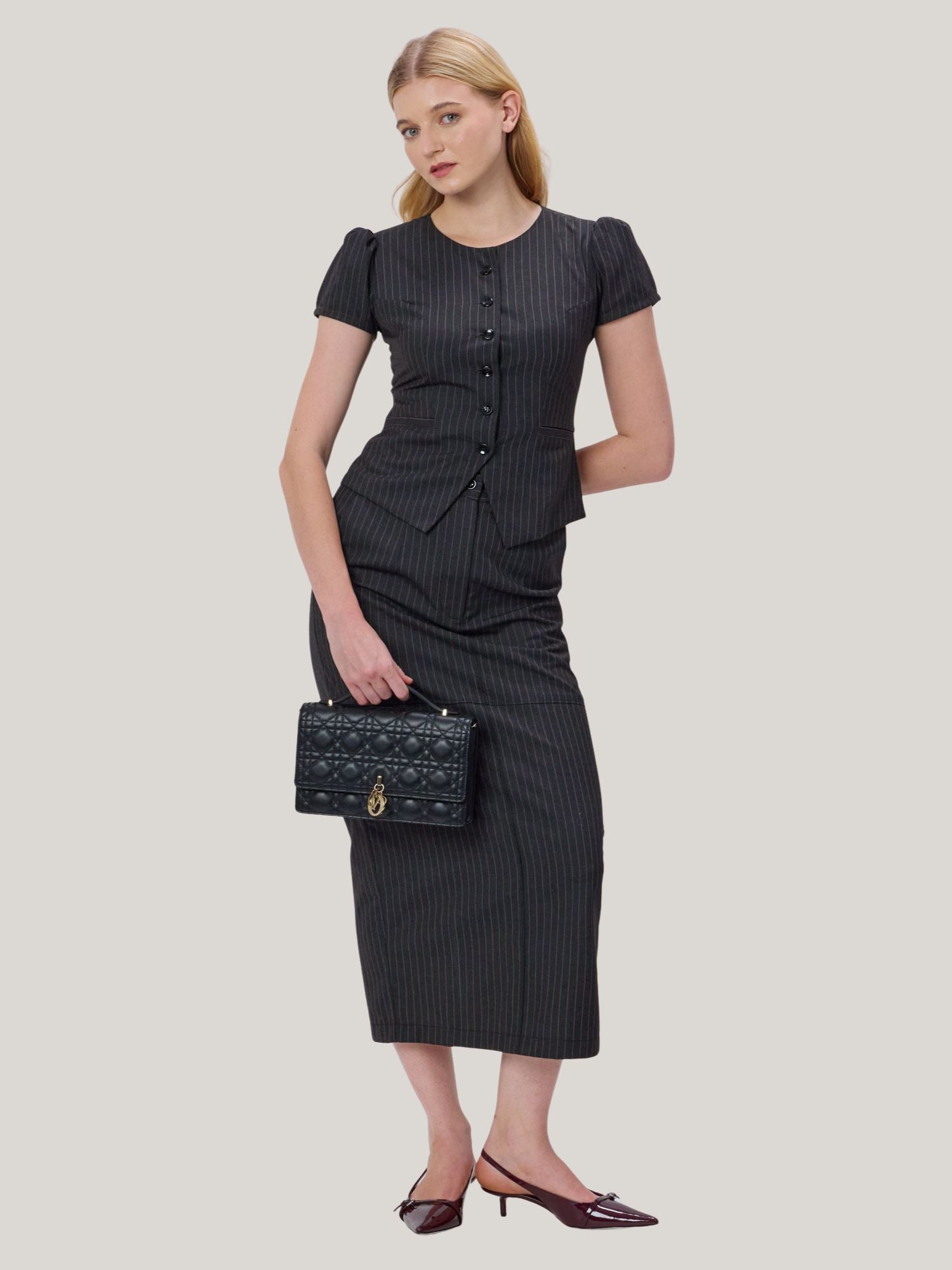 PINK AND GREY PINSTRIPE TOP