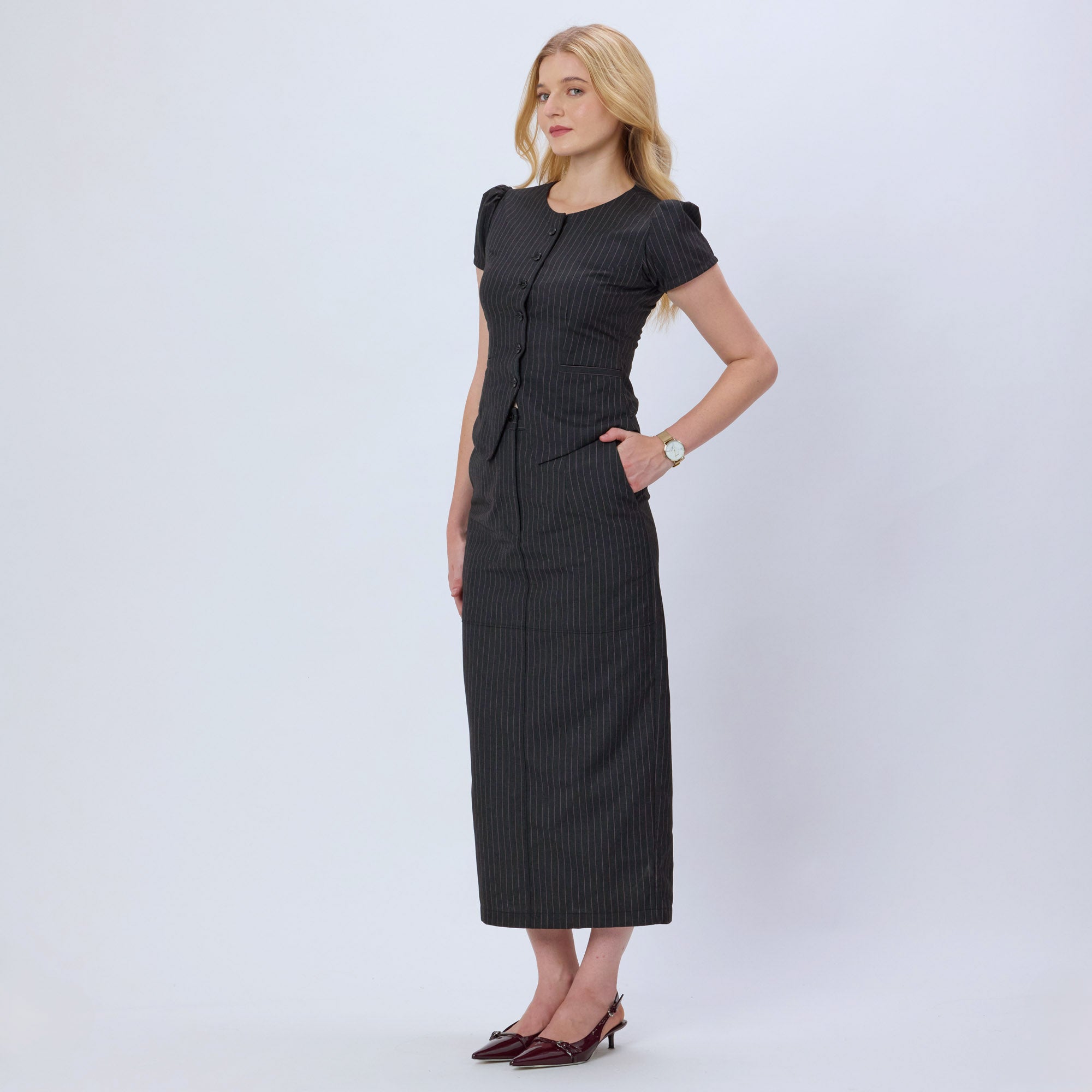 PINK AND GREY PINSTRIPE MIDI SKIRT