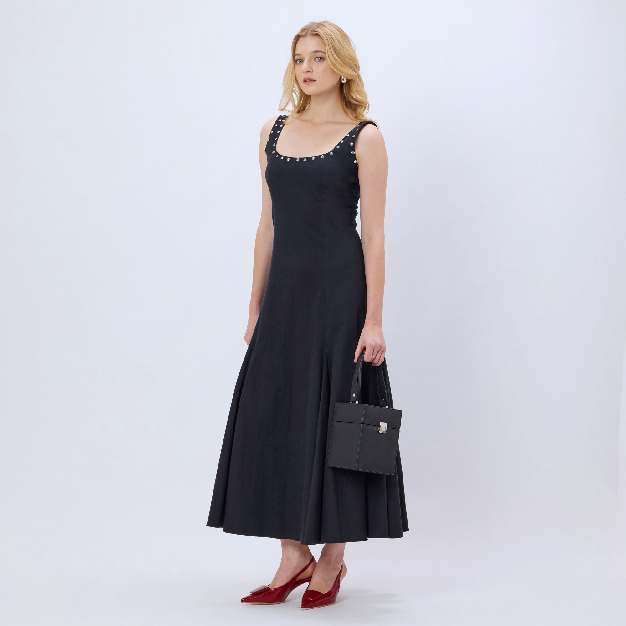 BLACK STUDDED COTTON BLEND MAXI DRESS