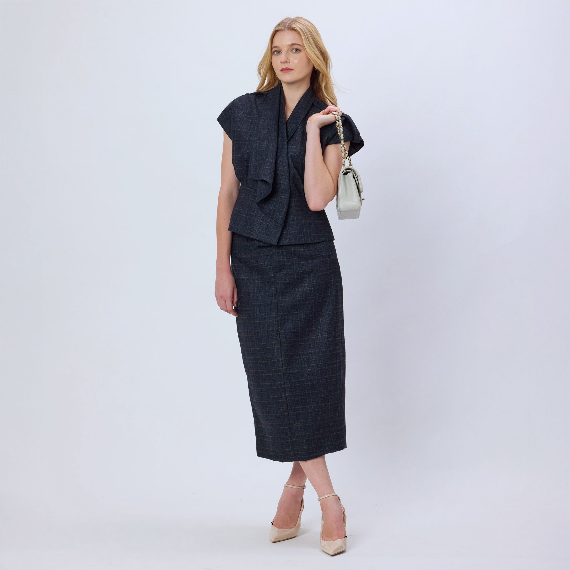 BLUE CHECKED WOOL TWEED SKIRT