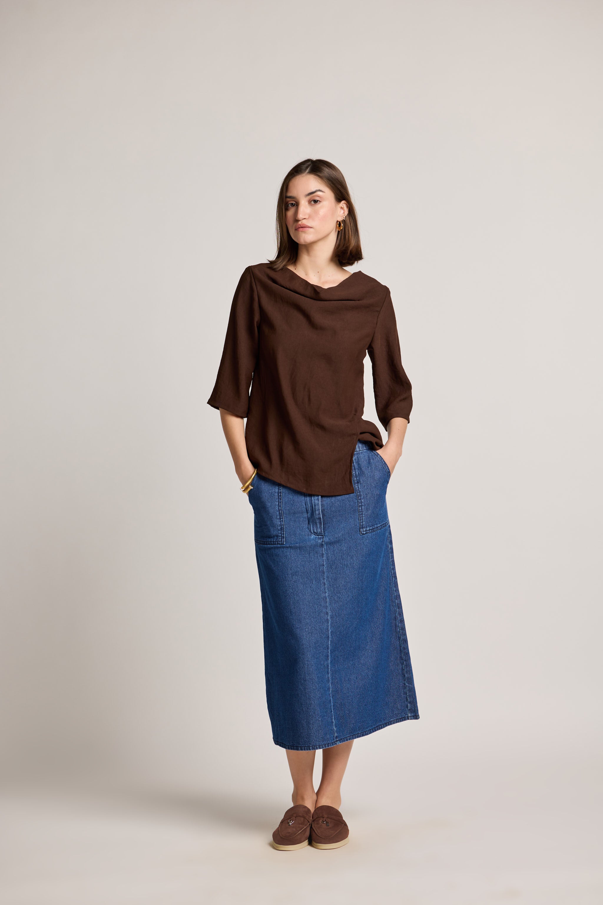 Indigo Button-Front Denim Midi Skirt