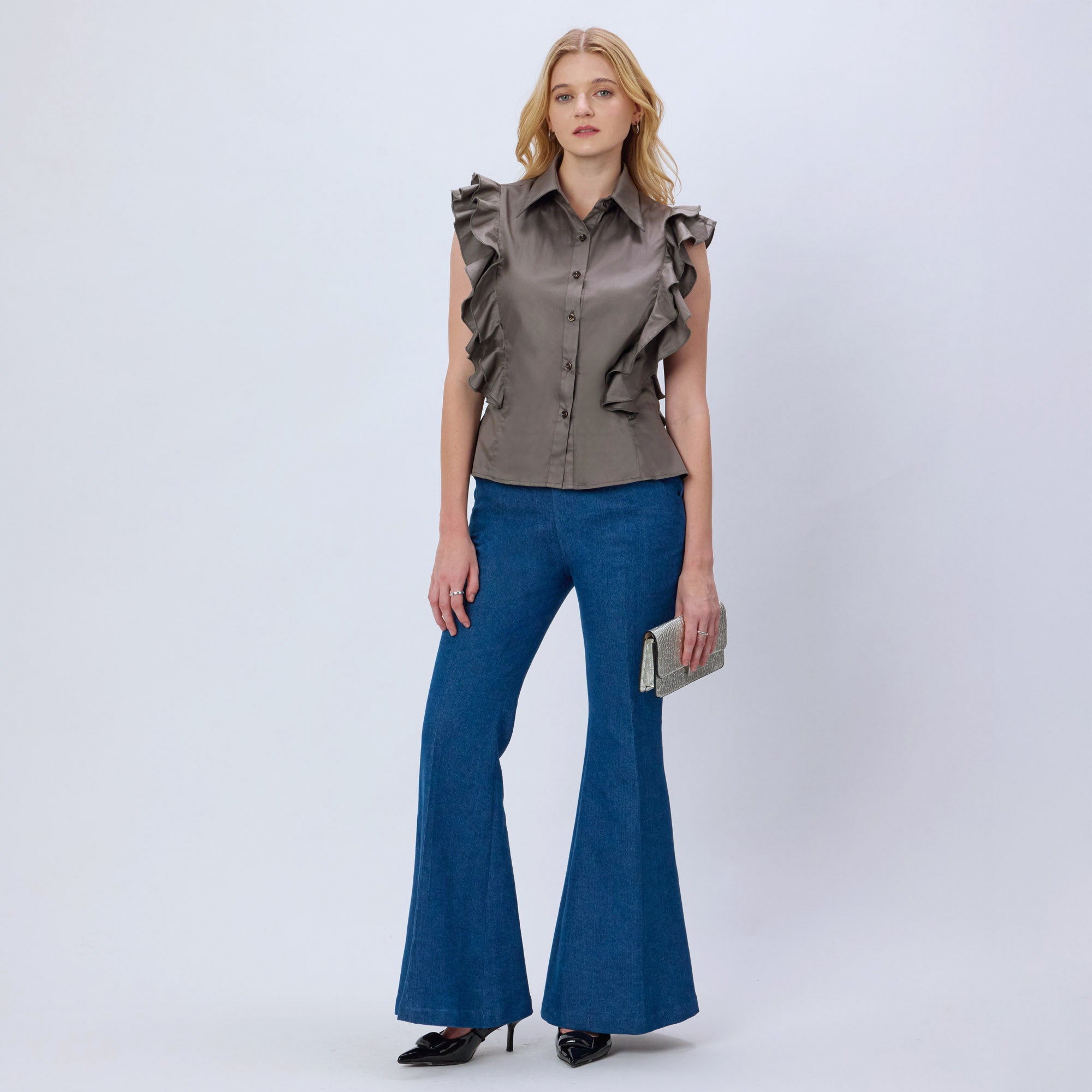 CHARCOAL GREY COTTON RUFFLE SHIRT