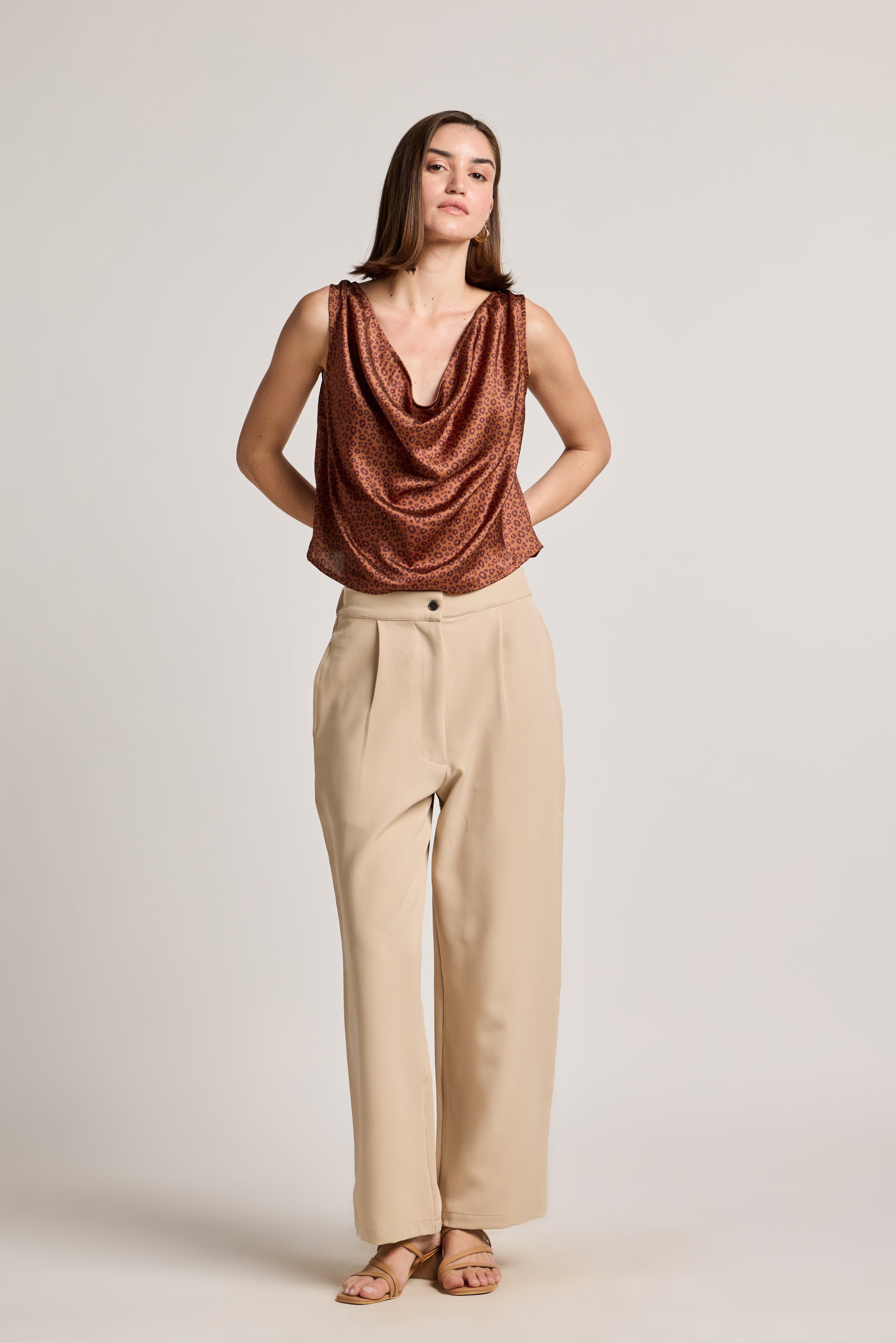 Animal Mocha Cowl Neck Sleeveless Printed Top