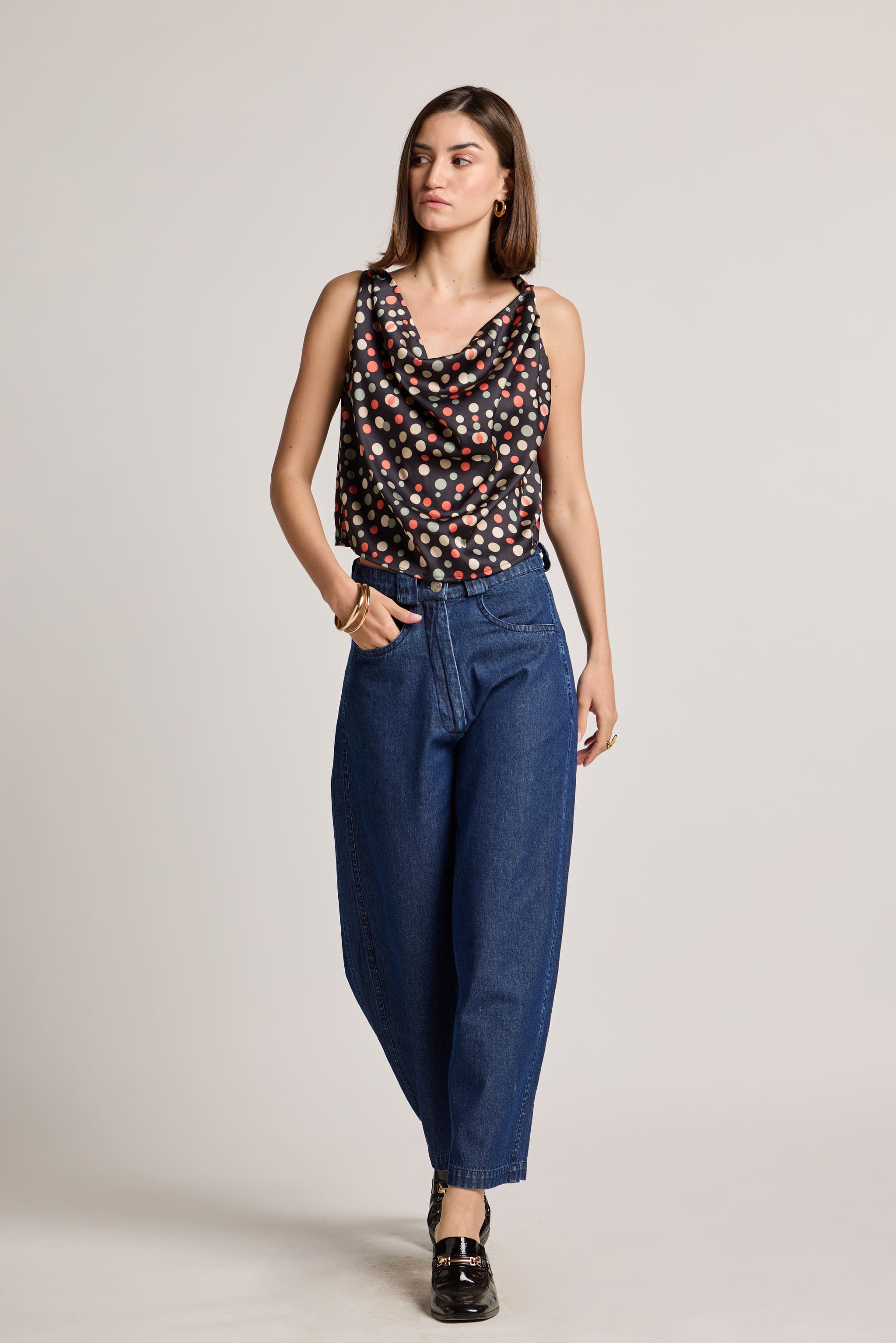 Polka Gems Cowl Neck Sleeveless Printed Top