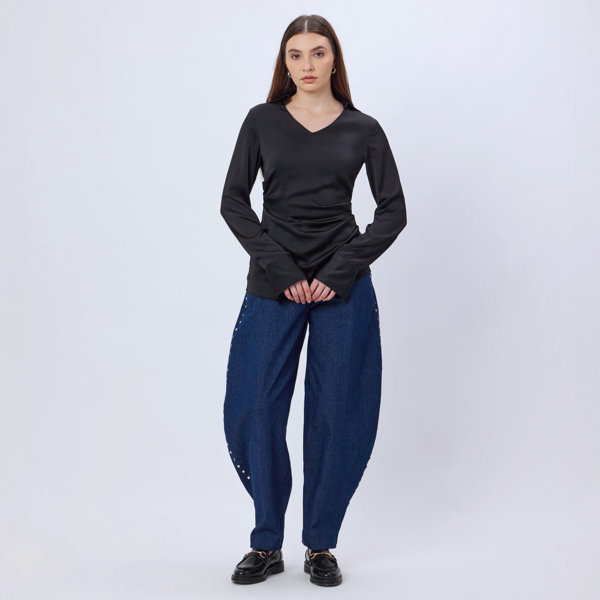 BLACK SATIN COLLARED TOP