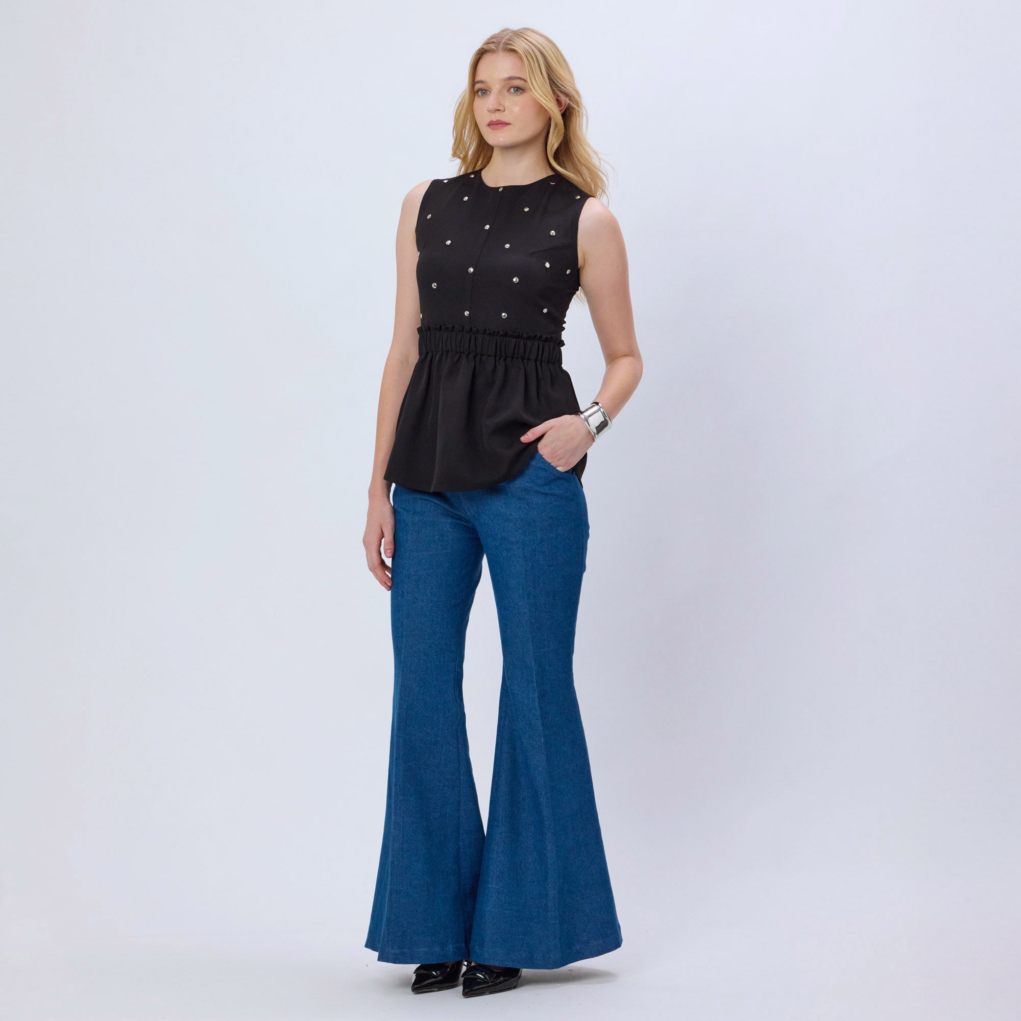 BLACK STUDDED PEPLUM TOP