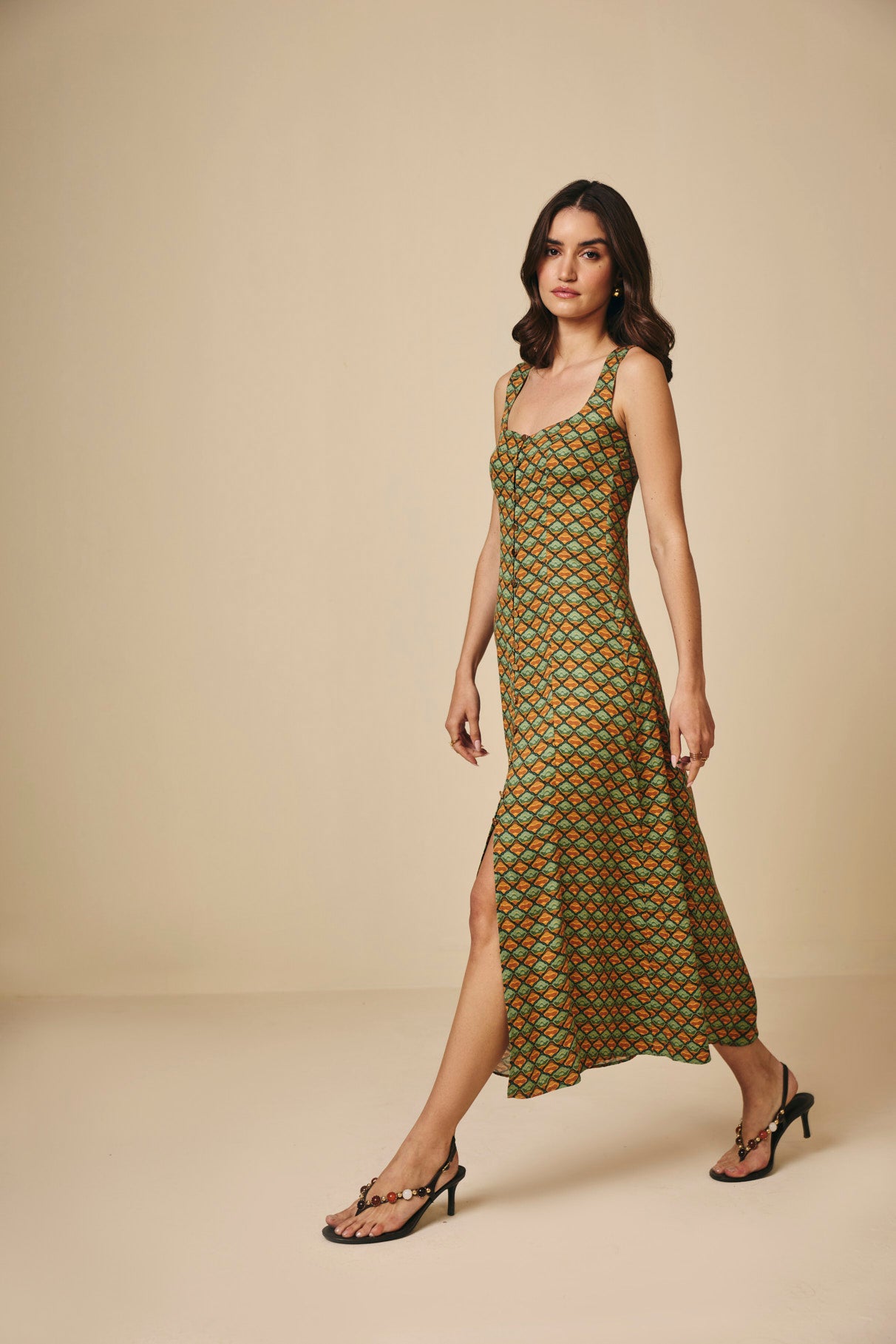 Earthy Geometric Printed Square Neck Viscose Maxi Dress
