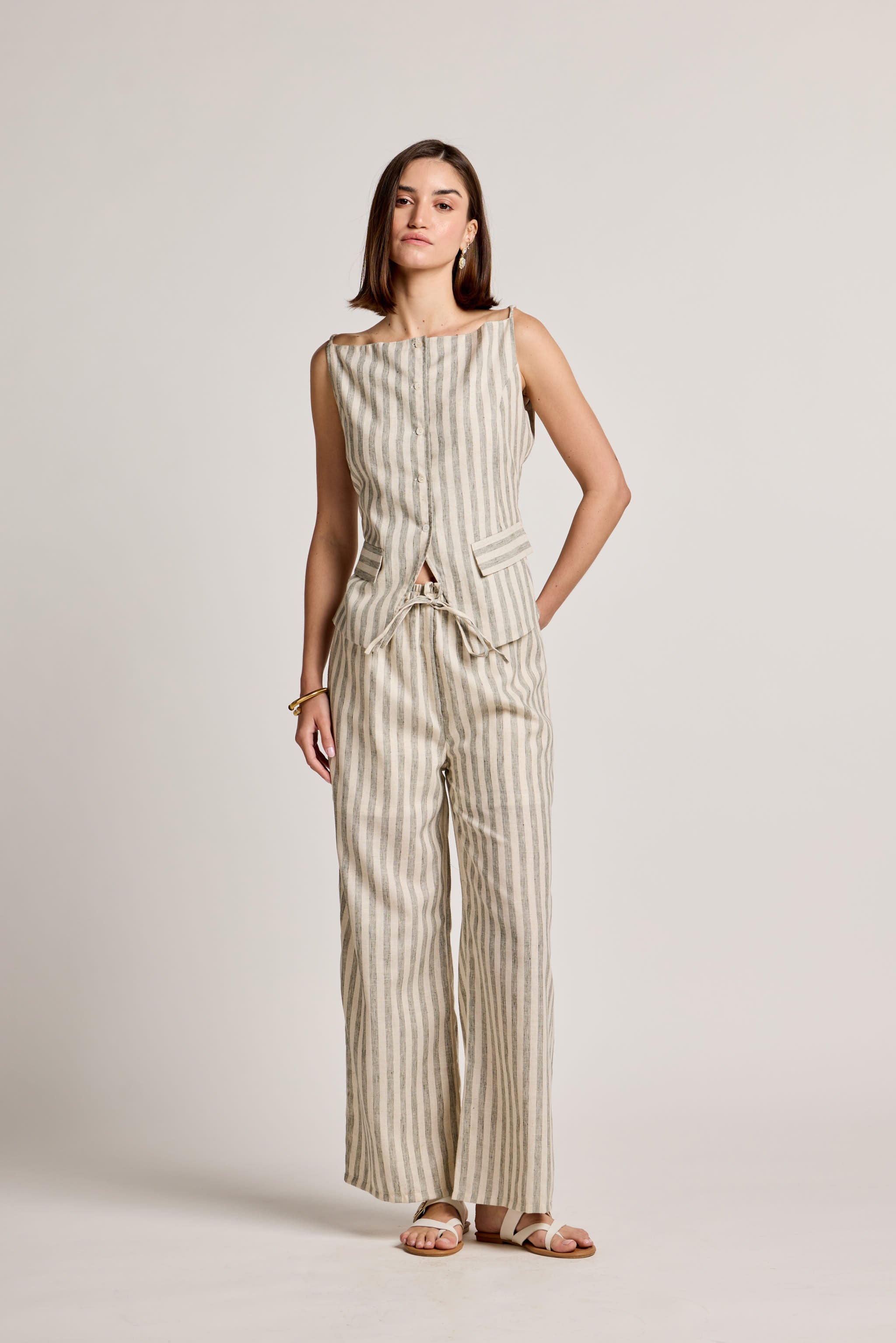 Green and White Striped Linen Trousers