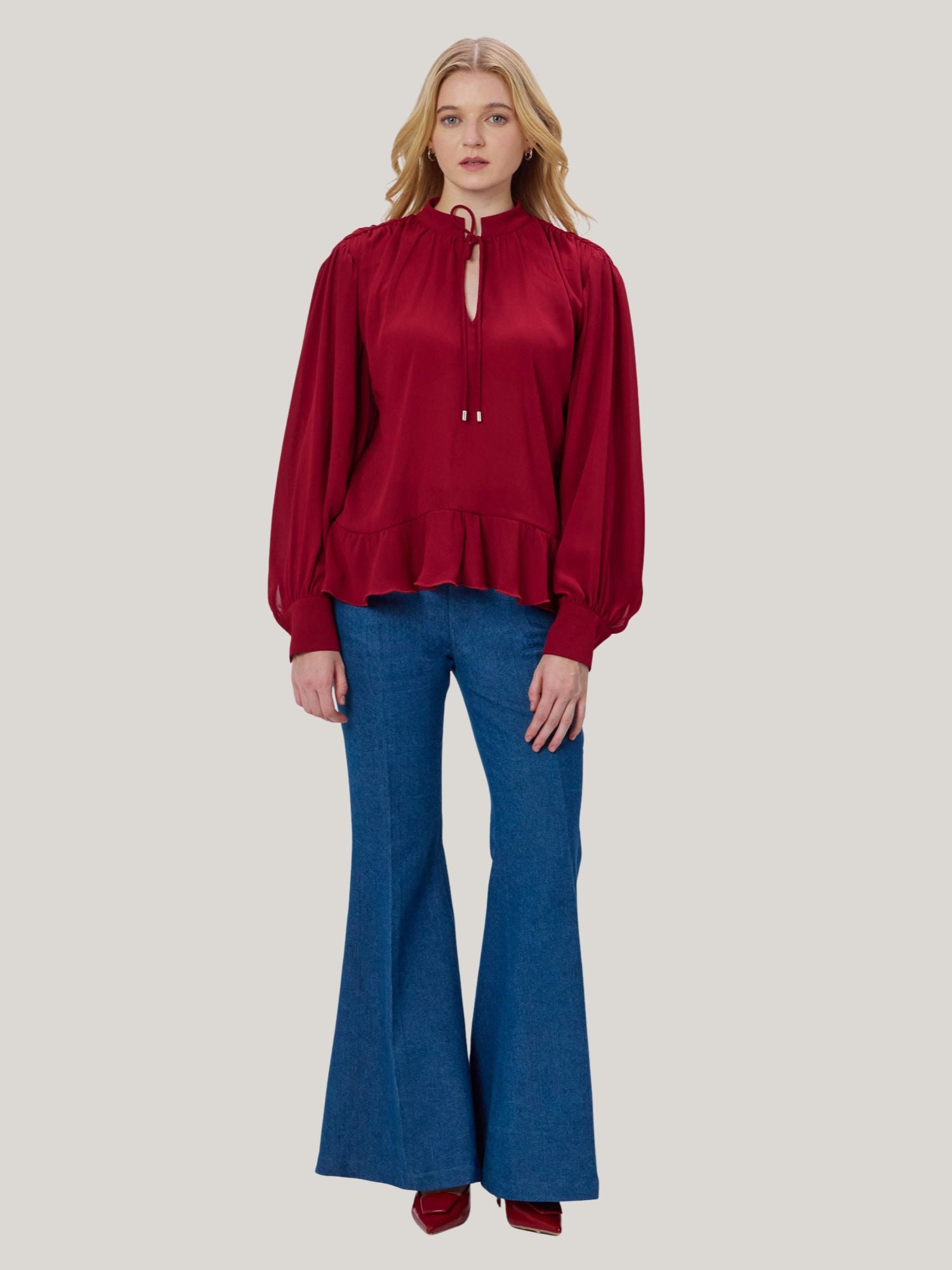 MAROON CHIFFON TIE-NECK TOP
