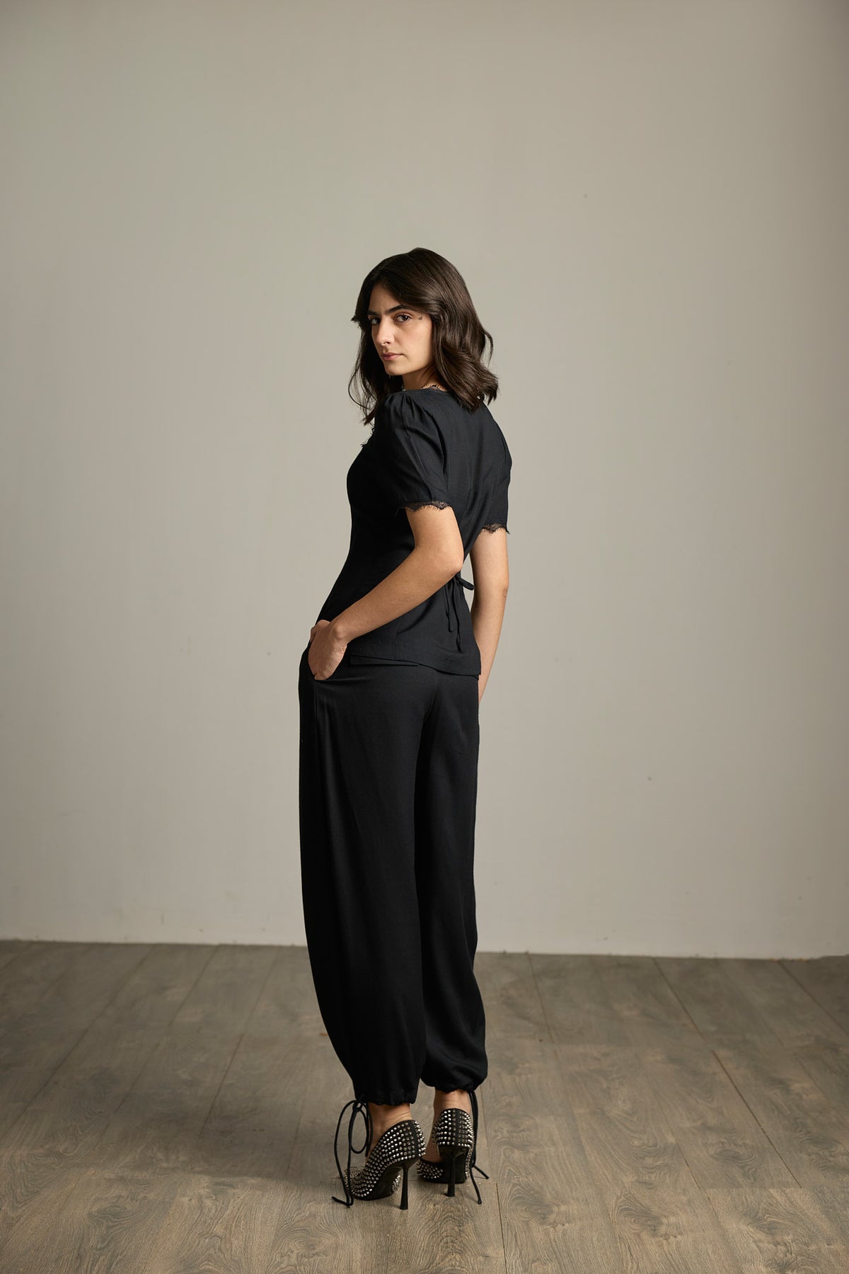 Black Viscose Rayon Drawstring-Hem Barrel-Leg Trousers