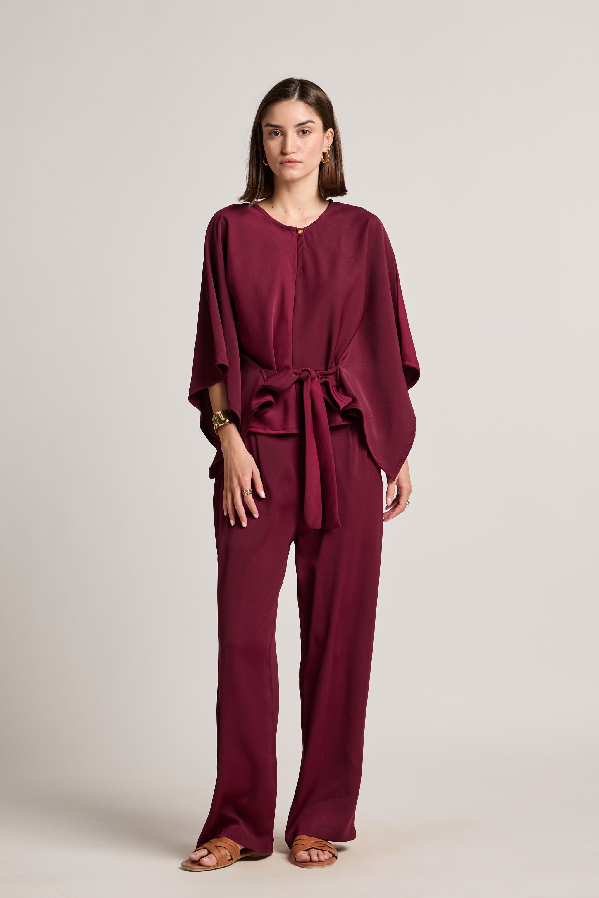 Maroon Tie-Waist Kimono Sleeve Top