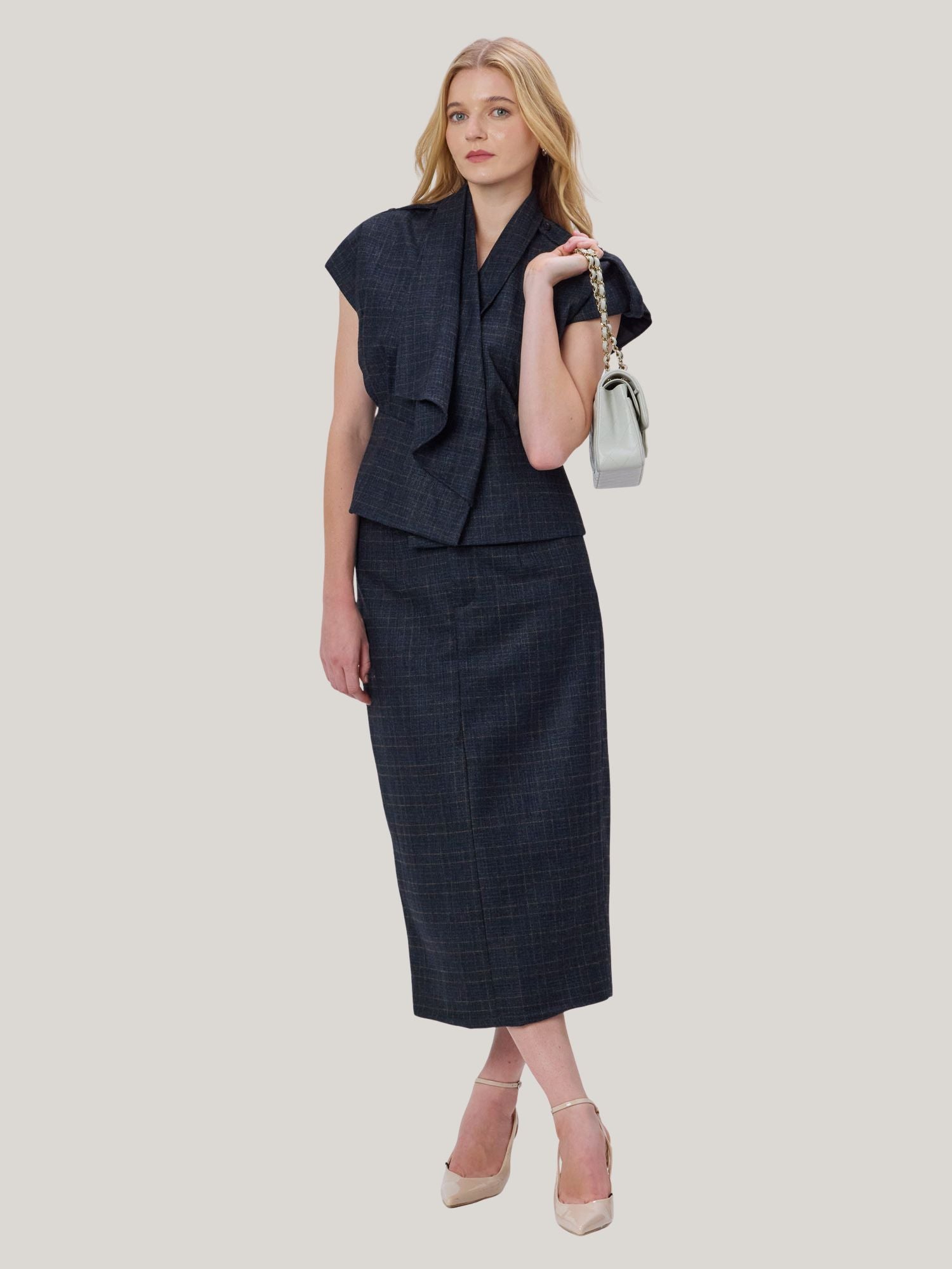 BLUE CHECKED WOOL TWEED SKIRT