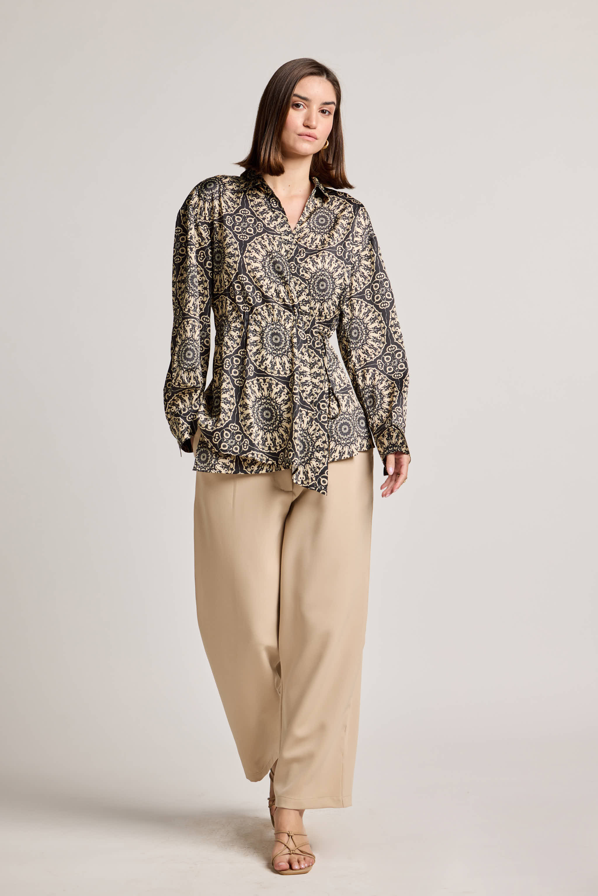 Mandala Black Printed Shirt with Waist Tie