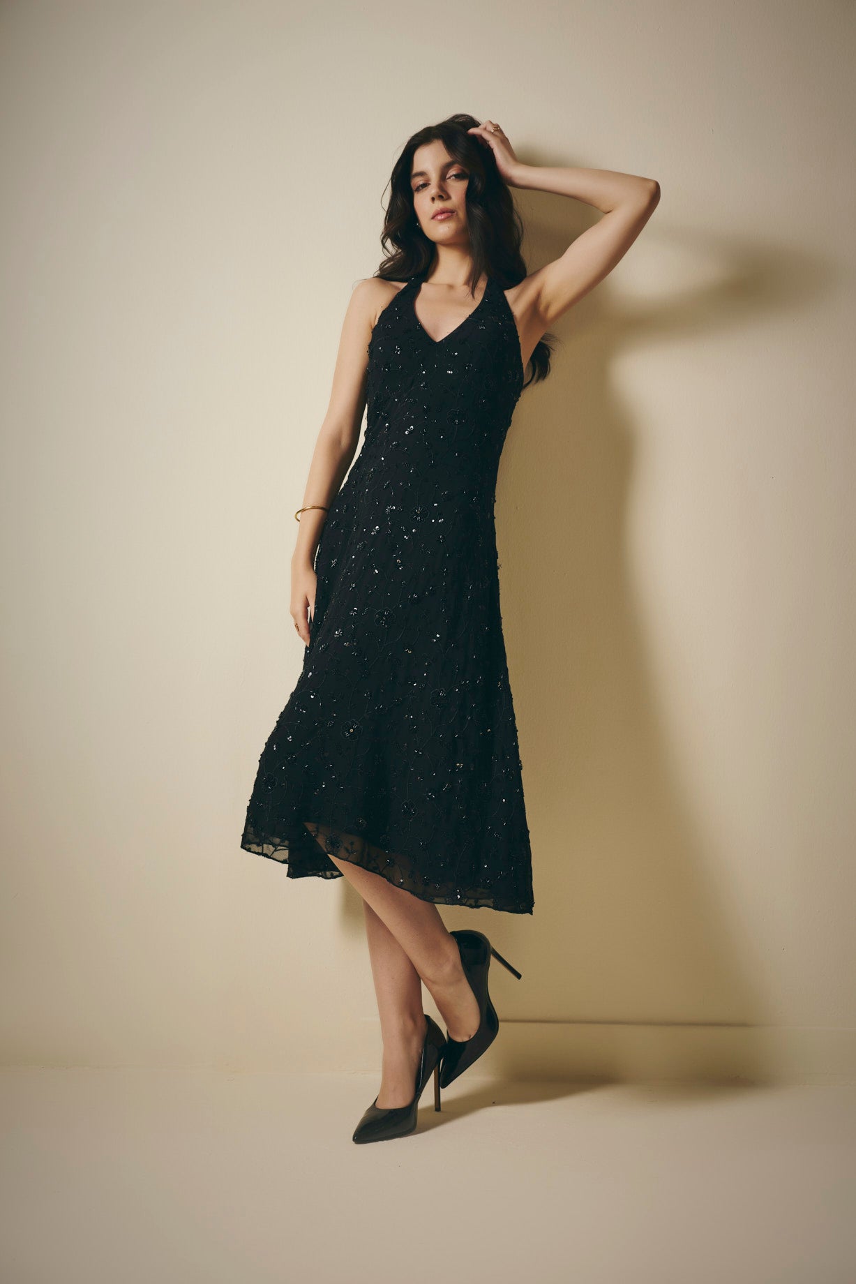 Black Georgette Halter Neck Embroidered Dress