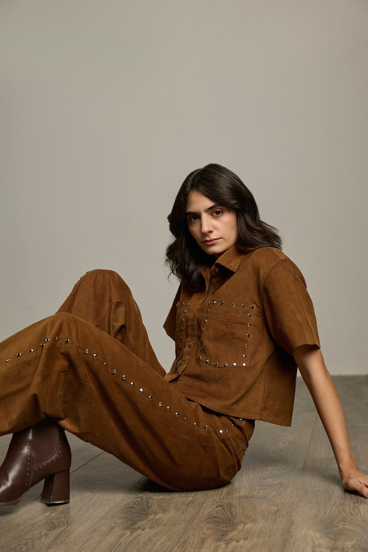 Brown Cotton Corduroy Studded Cropped Shirt