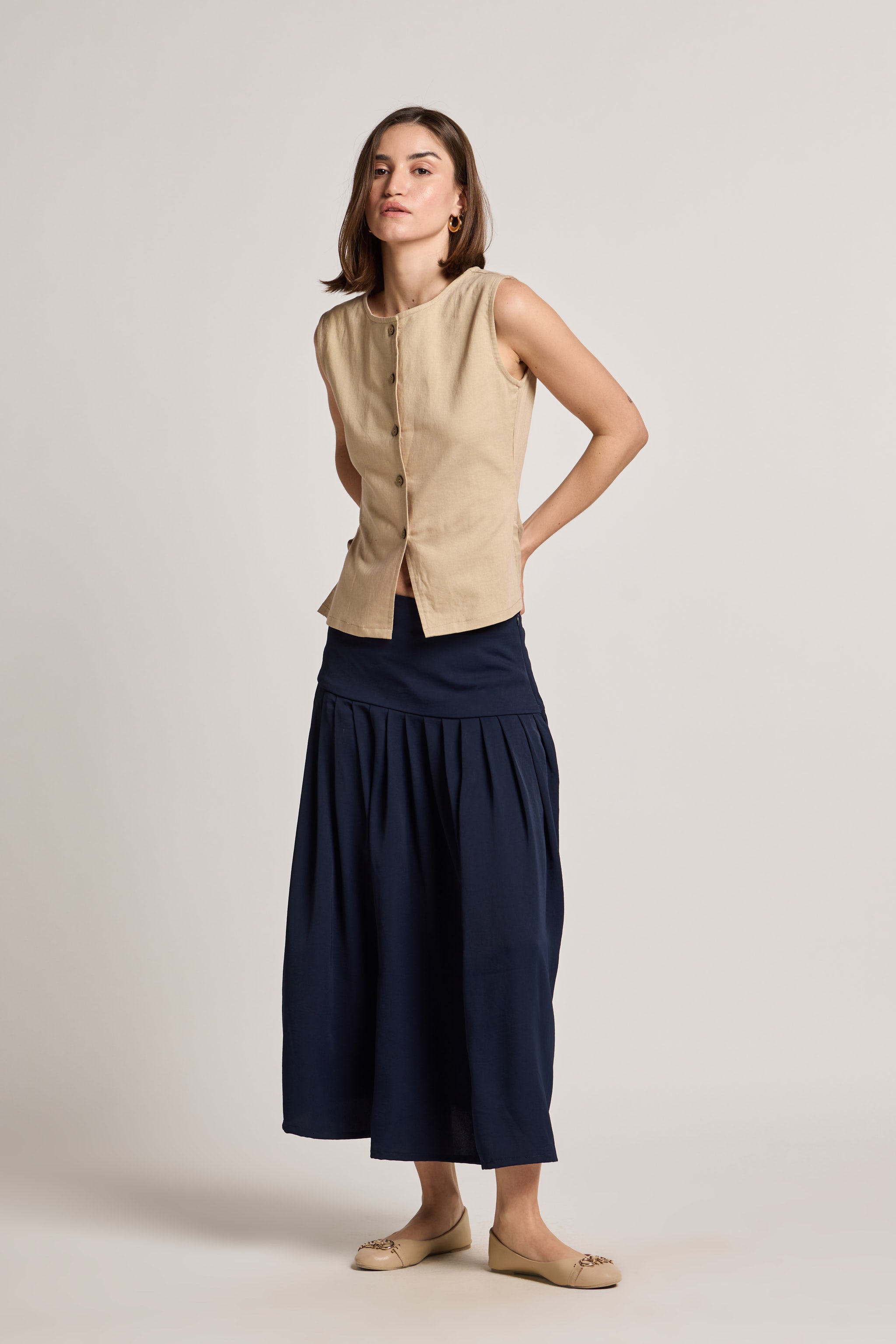 Navy Midaxi Pleated Skirt