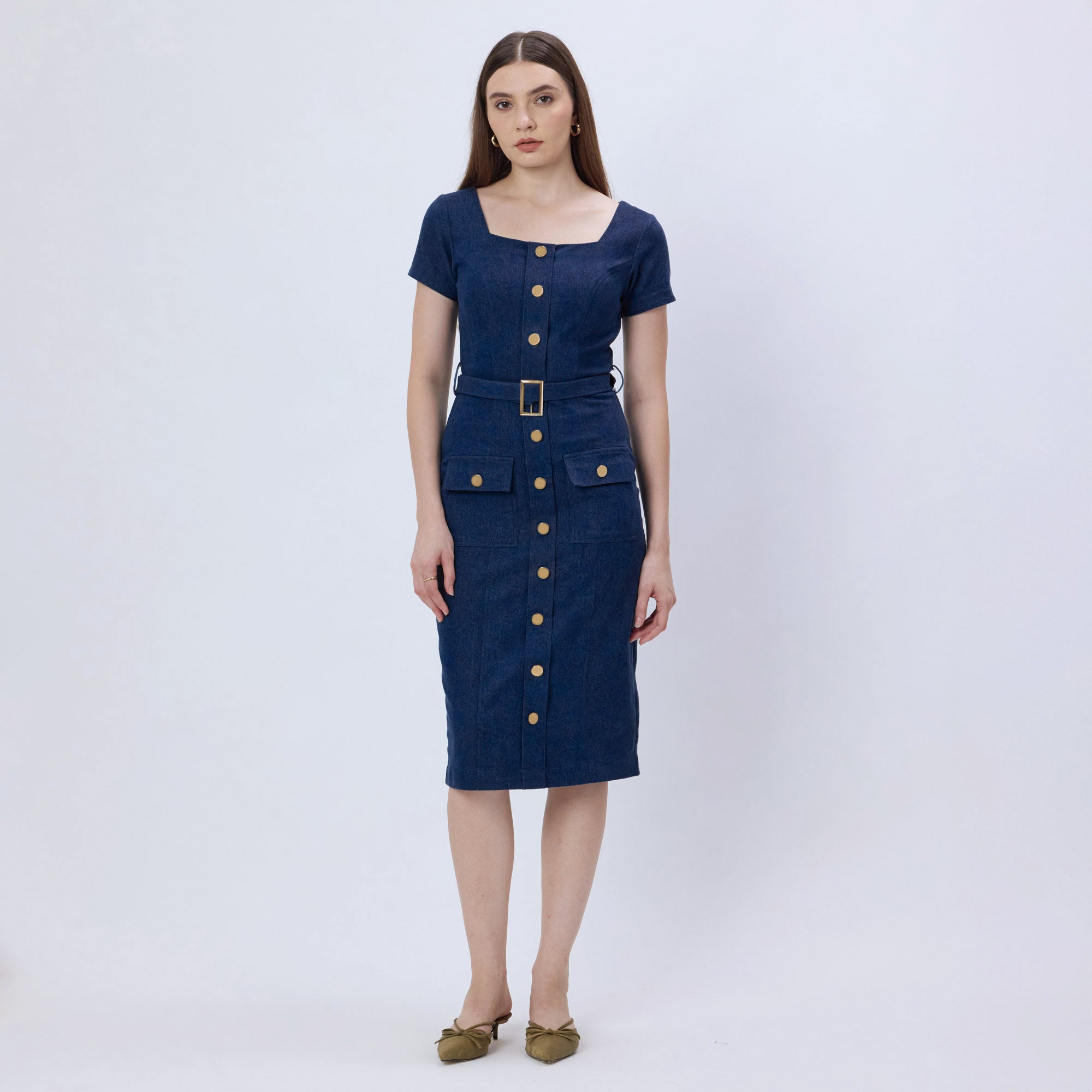 DARK BLUE DENIM MIDI DRESS