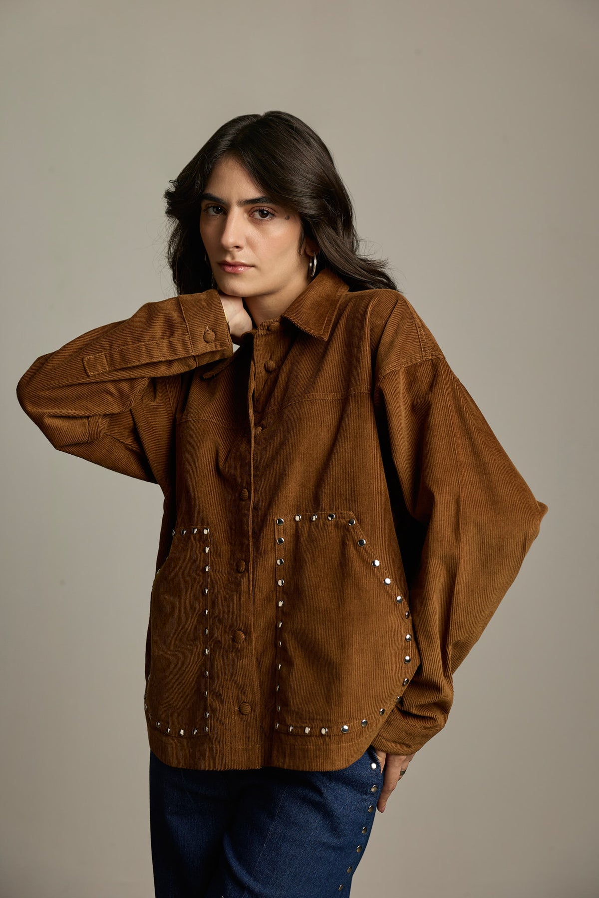 Brown Corduroy Studded Oversized Shacket