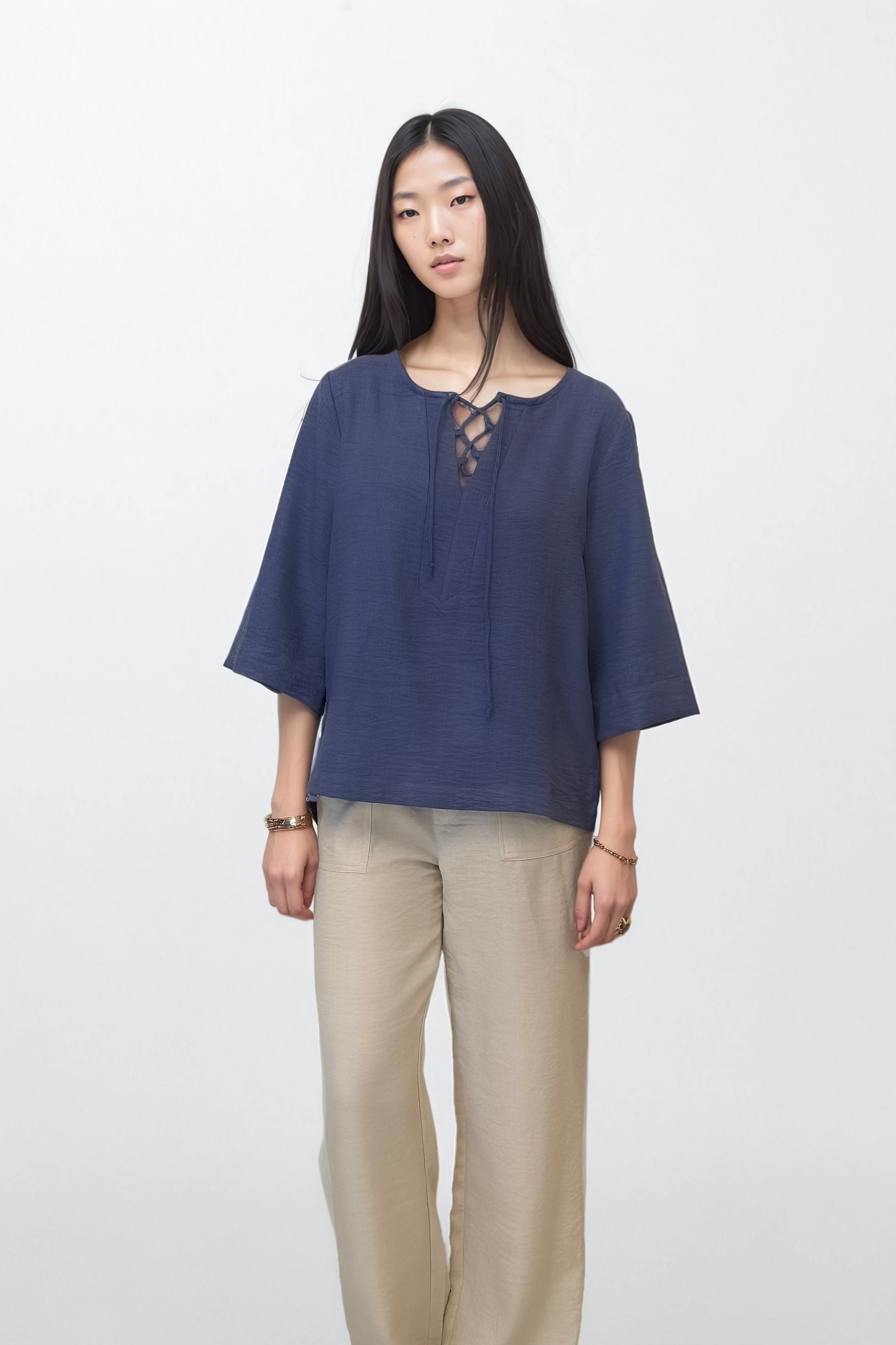 Blue Cotton Linen Drawstring Top