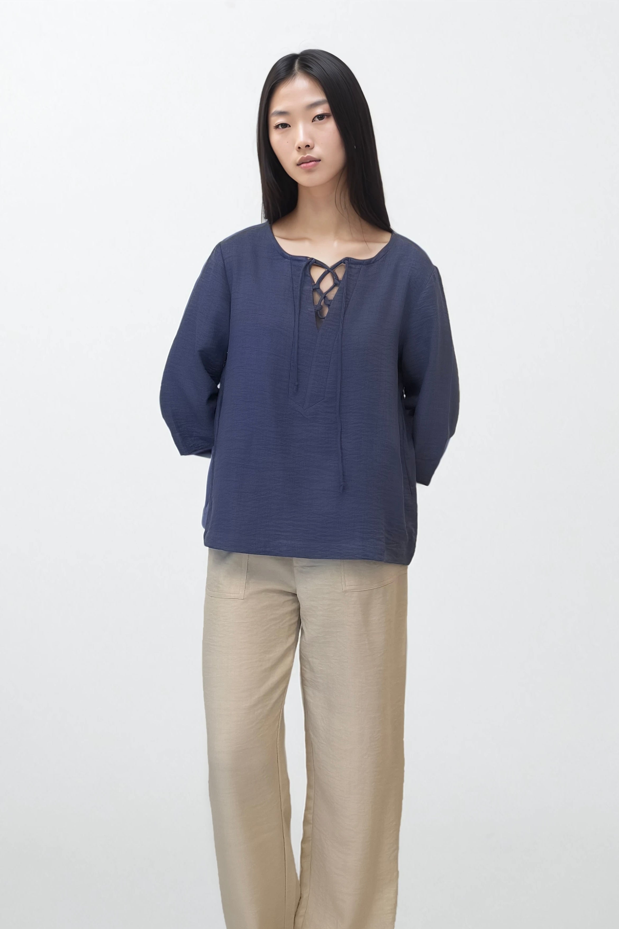 Blue Cotton Linen Drawstring Top