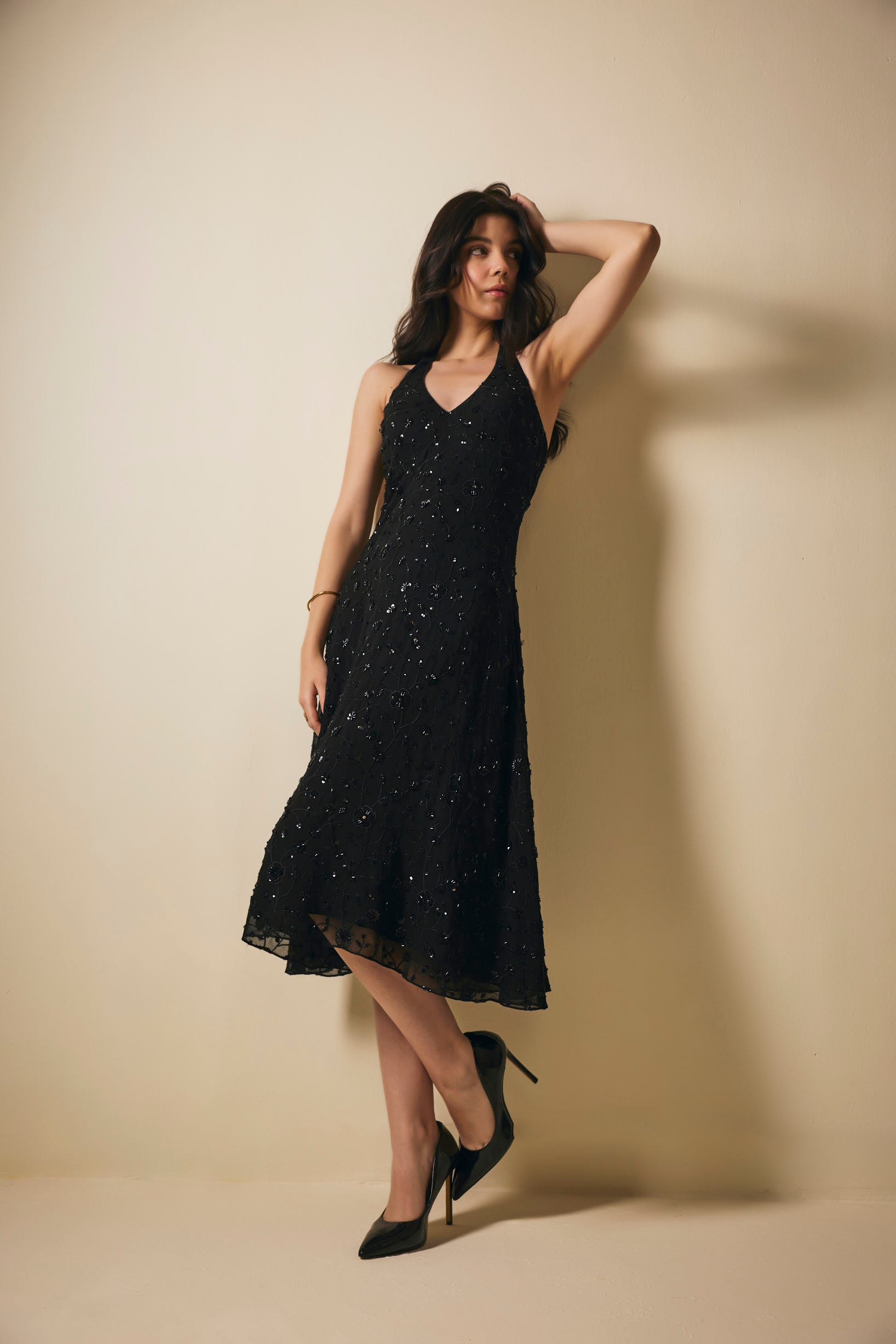 Black Georgette Halter Neck Embroidered Dress