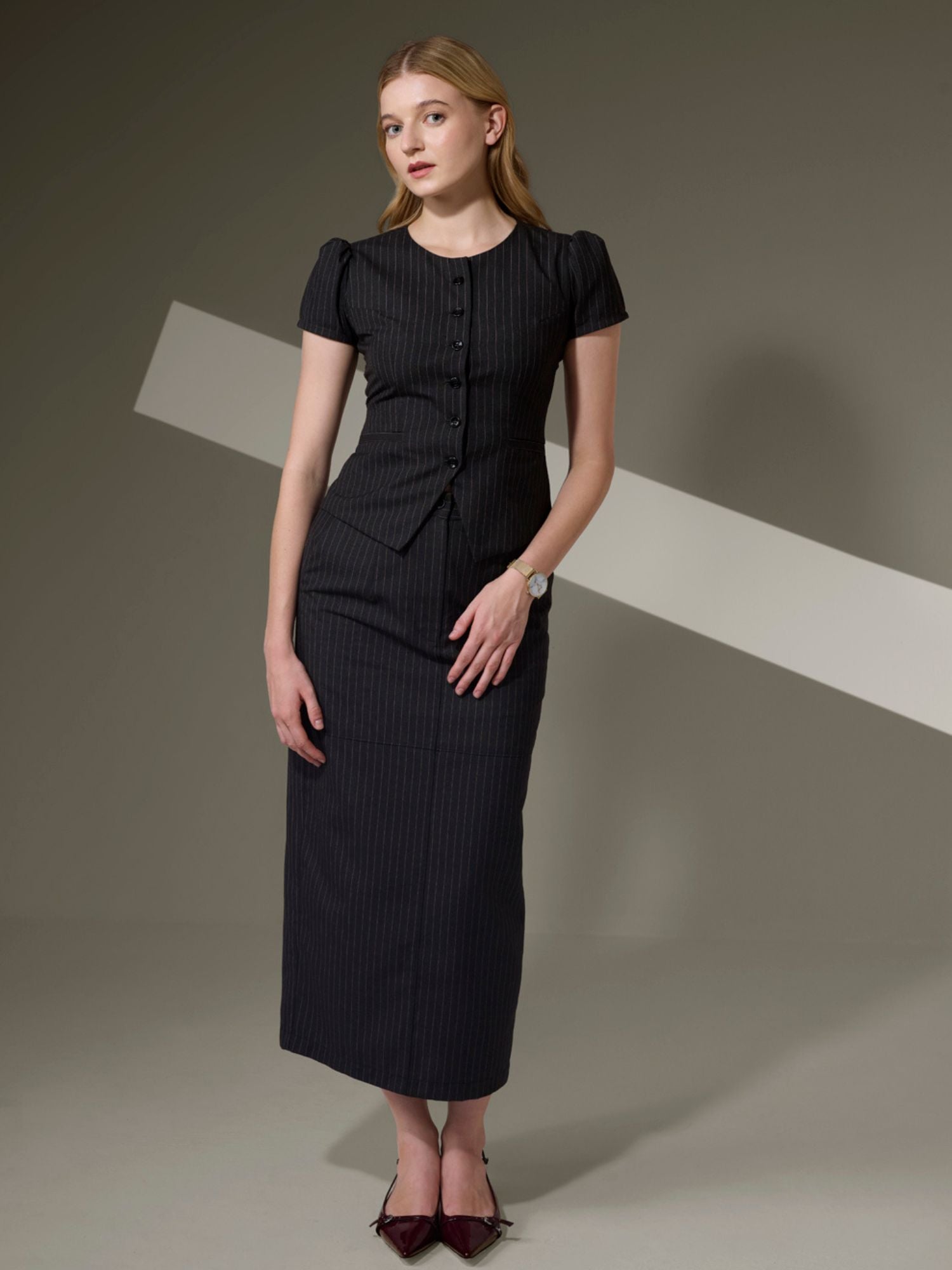 PINK AND GREY PINSTRIPE TOP