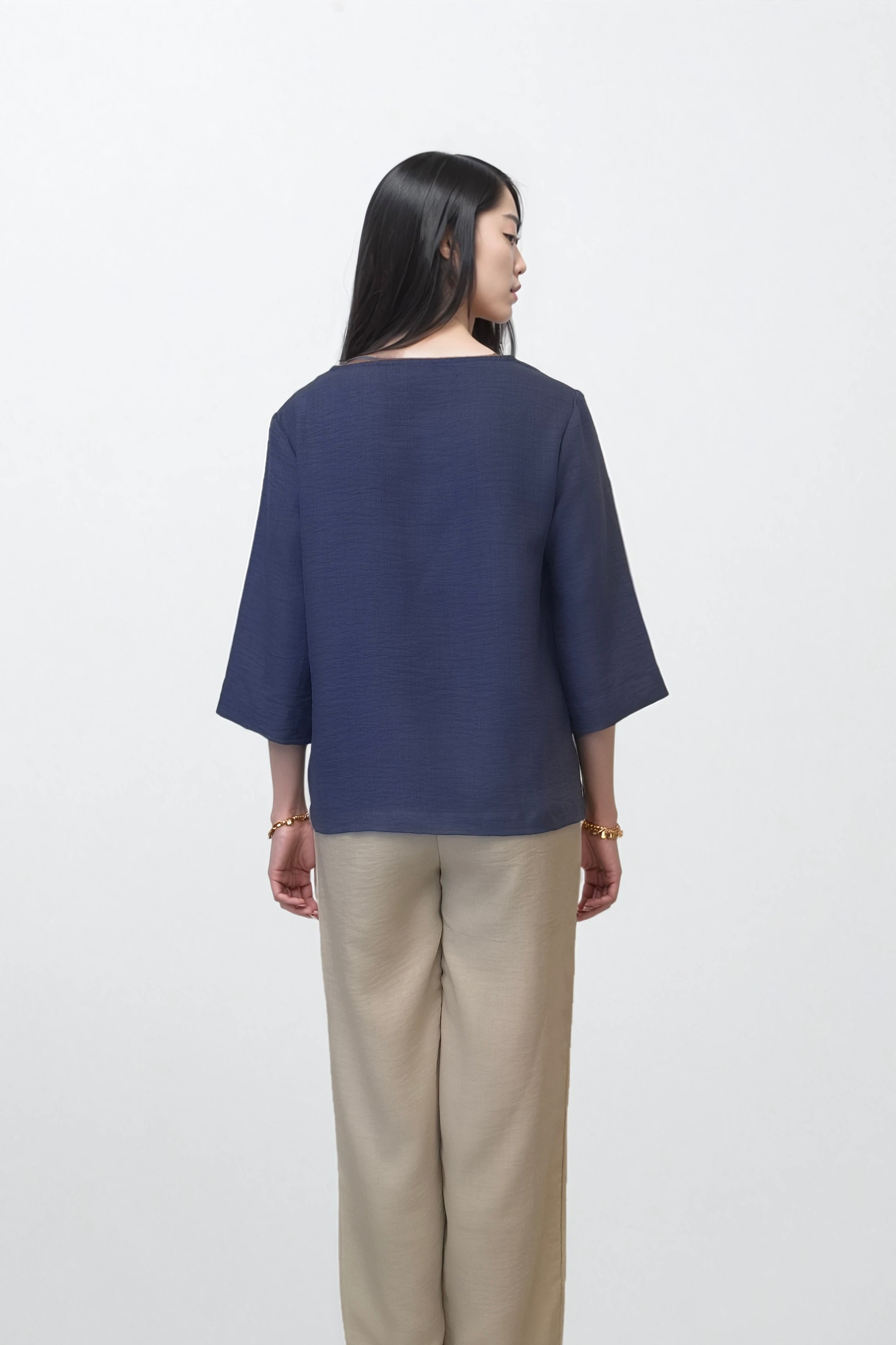 Blue Cotton Linen Drawstring Top