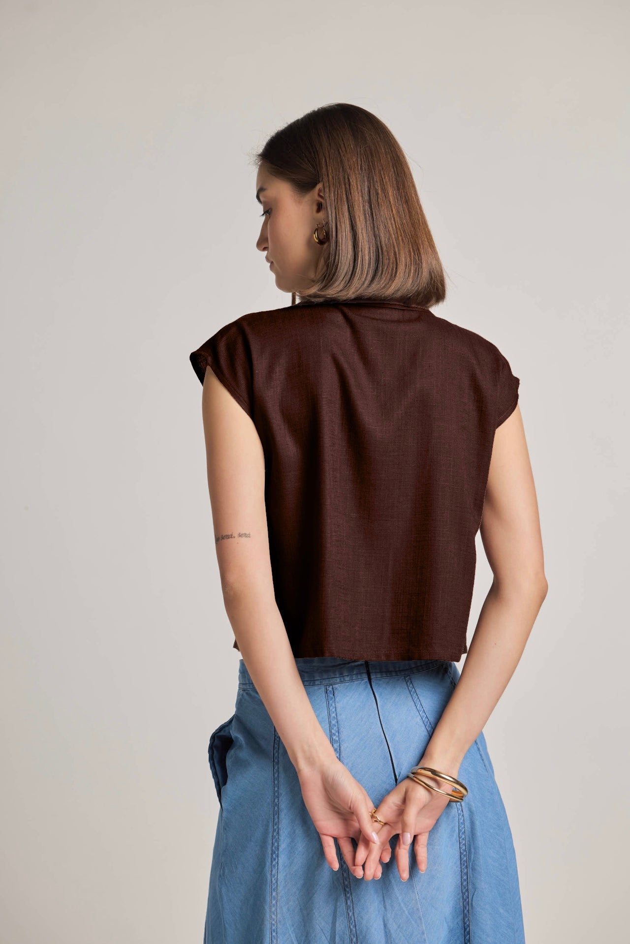 Brown Cotton Linen Short Shirt