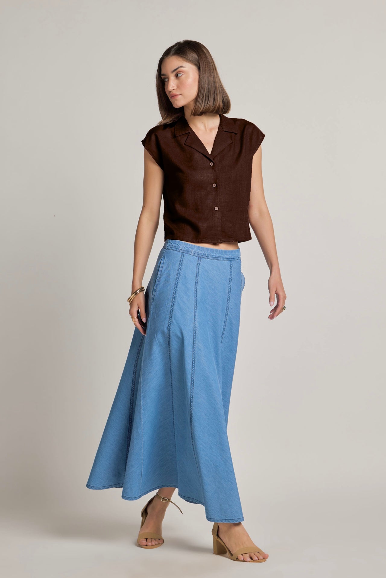 Brown Cotton Linen Short Shirt