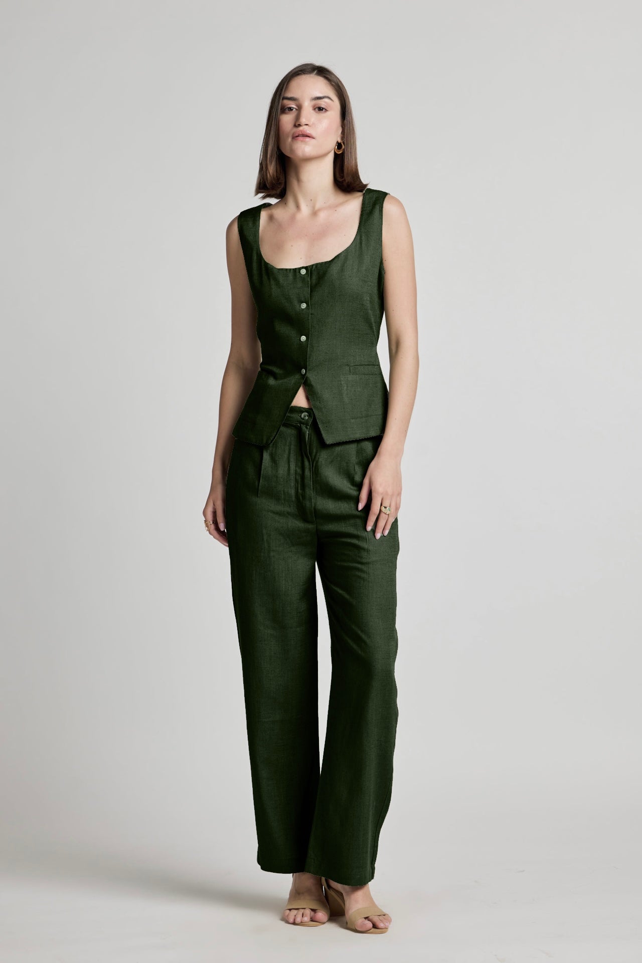 Green Cotton Linen Waistcoat