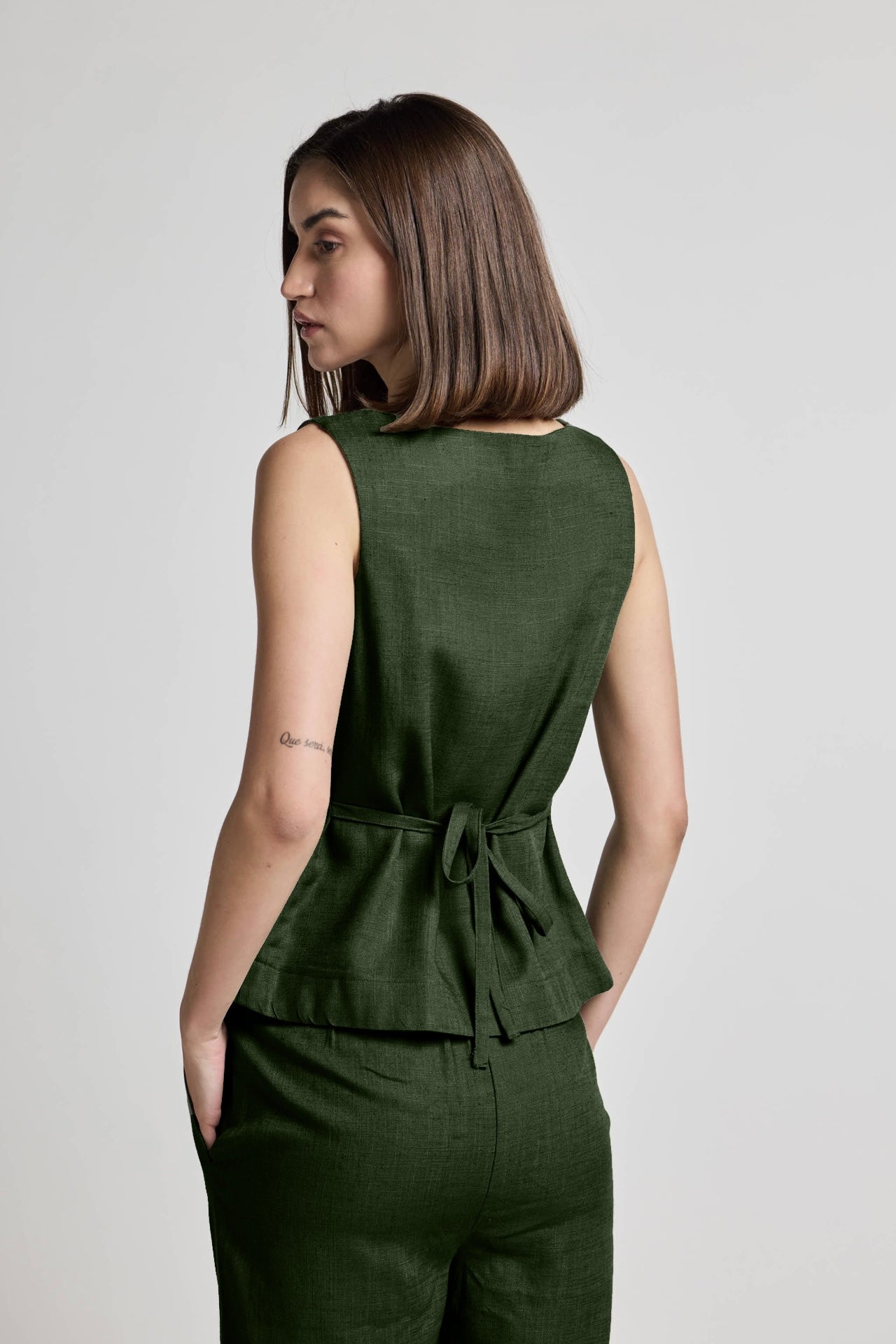 Green Cotton Linen Waistcoat