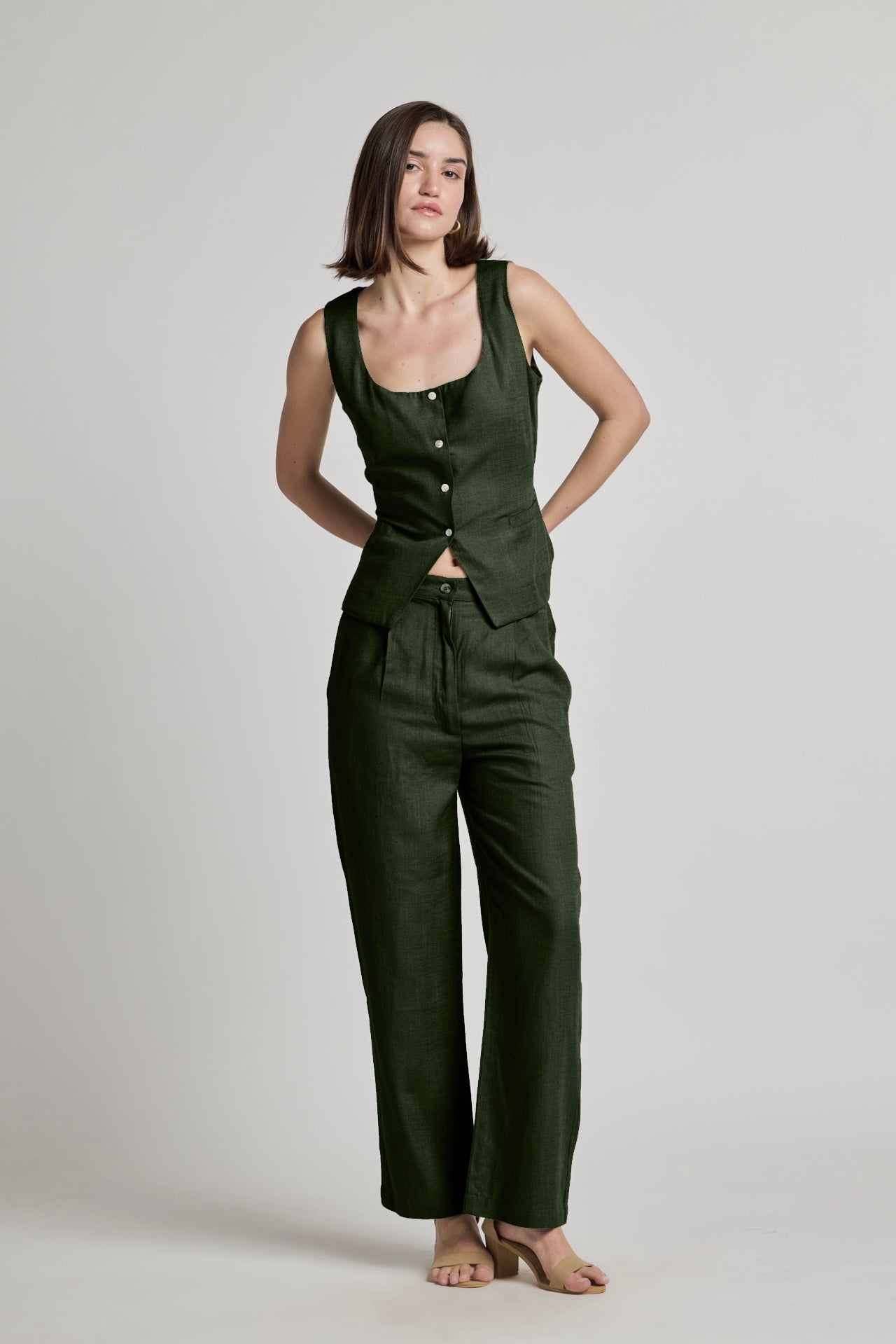 Green Cotton Linen Waistcoat