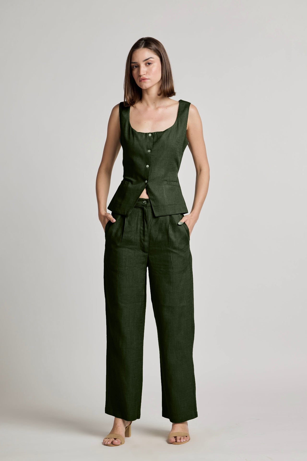 Green Pleated Cotton Linen Pants