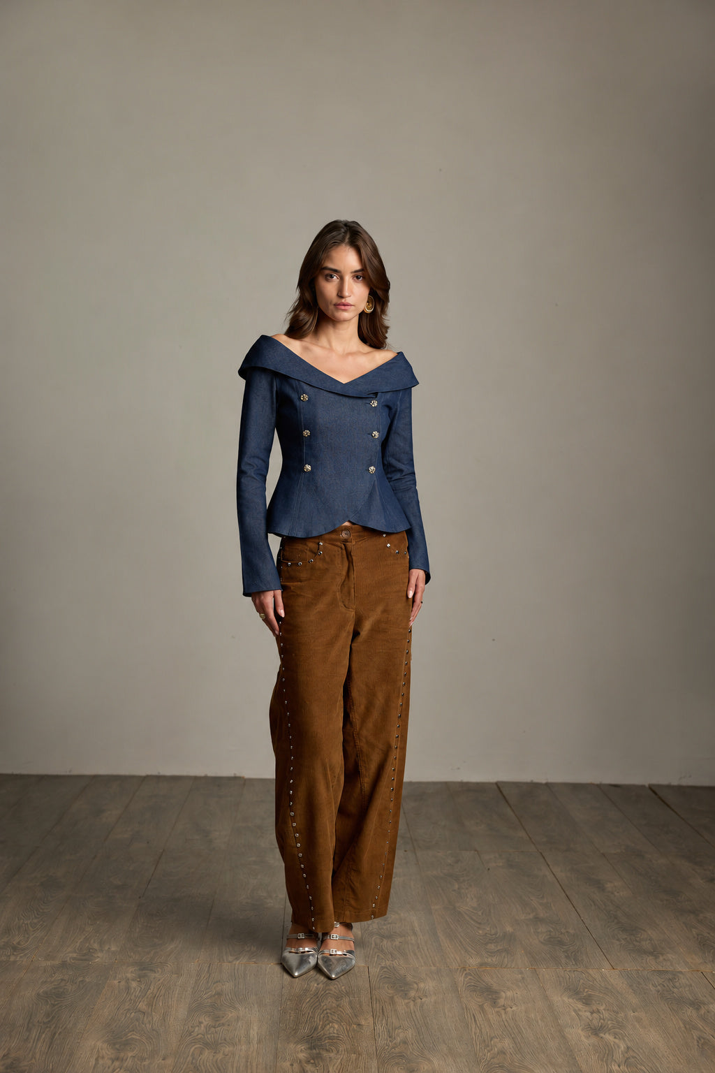 Dark Blue Denim Double-Breasted Sailor Top