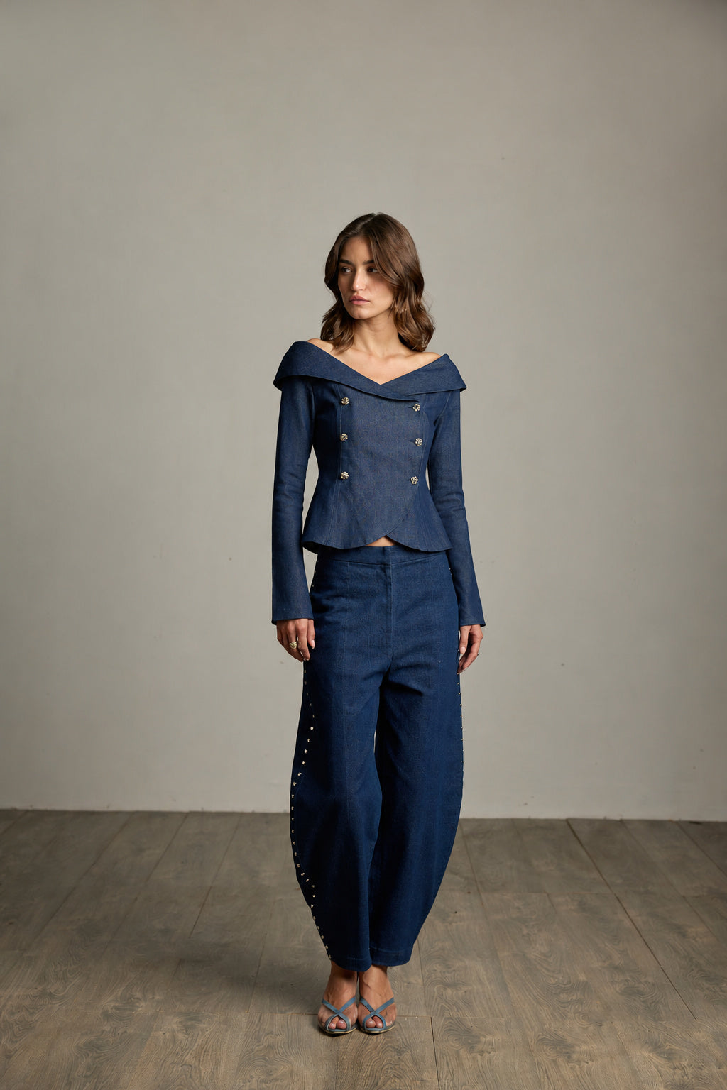Dark Blue Denim Double-Breasted Sailor Top