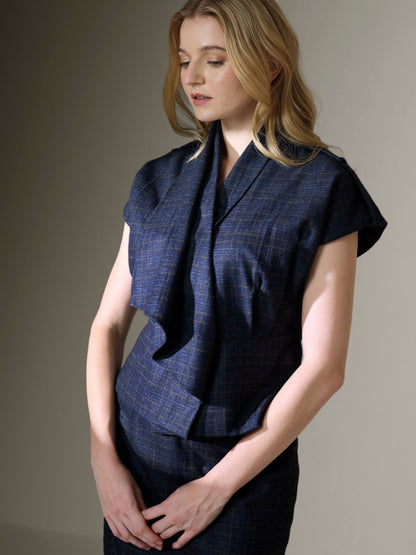 BLUE CHECKED WOOL TWEED TOP