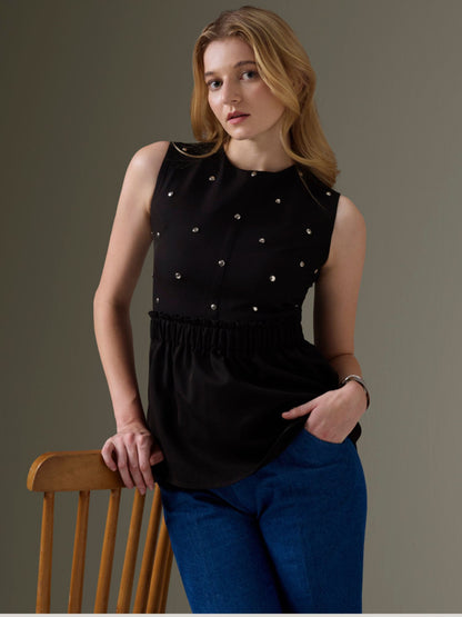 BLACK STUDDED PEPLUM TOP