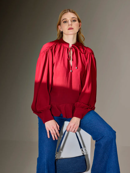 MAROON CHIFFON TIE-NECK TOP