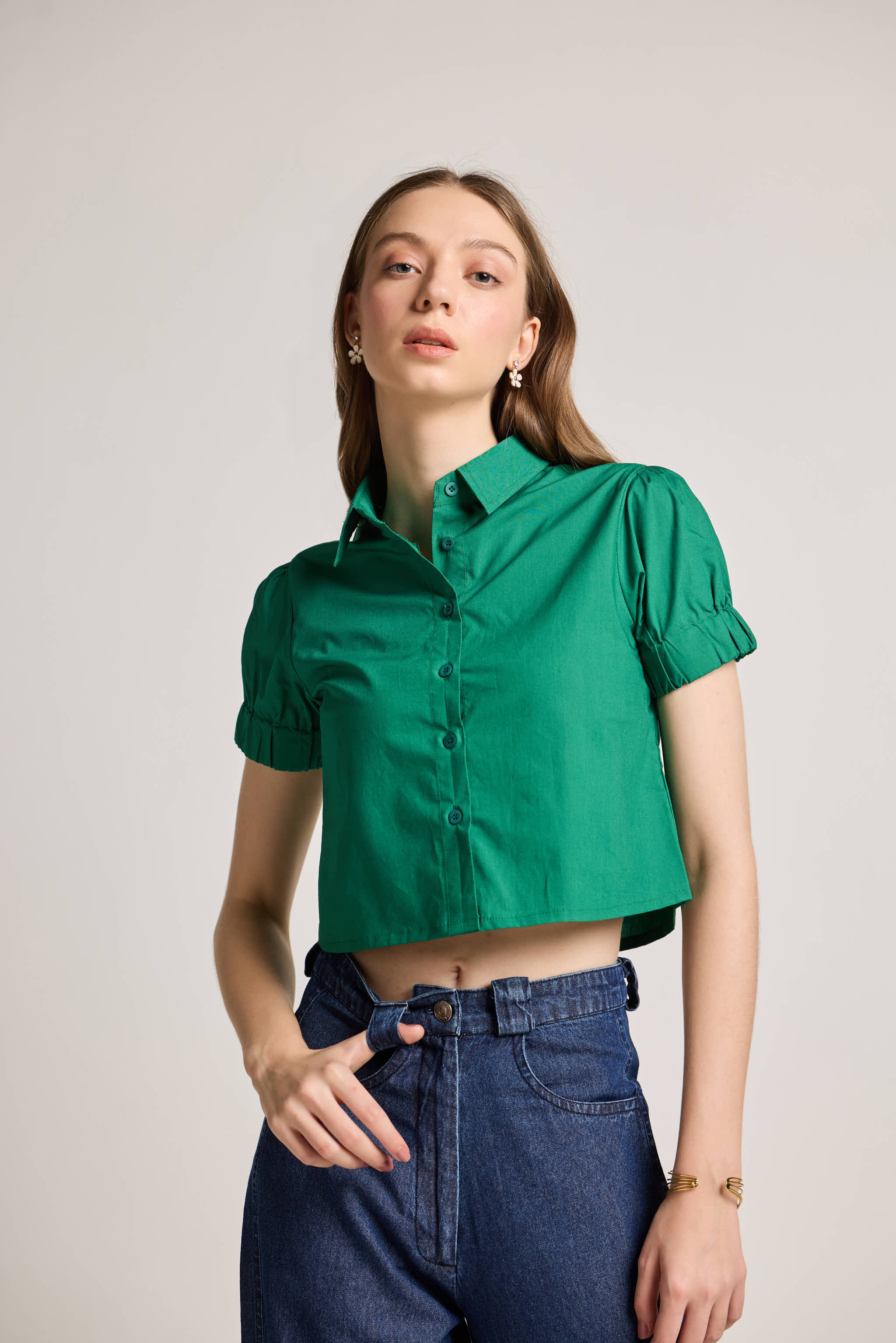 Cropped Green Puff Sleeve Shirt