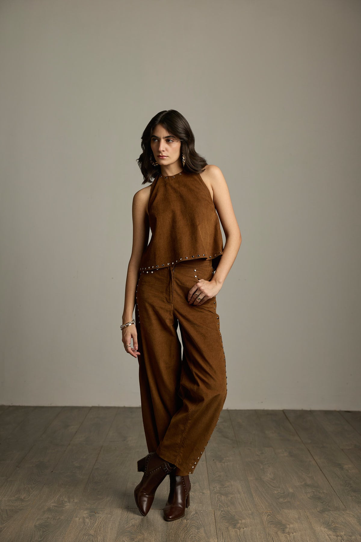 Brown Cotton Corduroy Studded Barrel-Leg Trousers